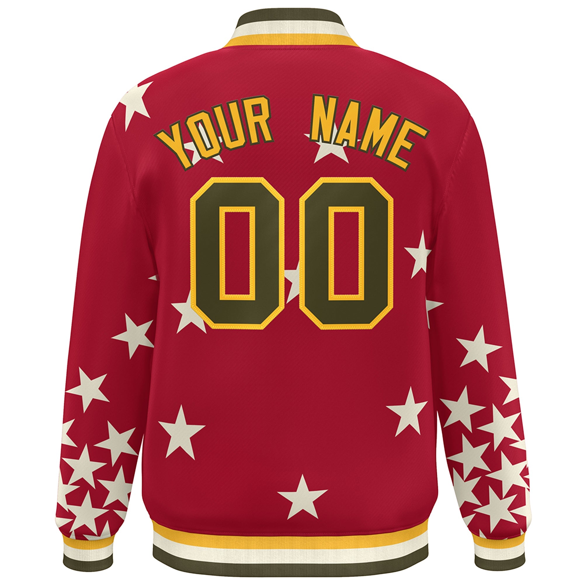 Custom Red Olive-Yellow Star Graffiti Pattern Varsity Full-Snap Bomber Jacket