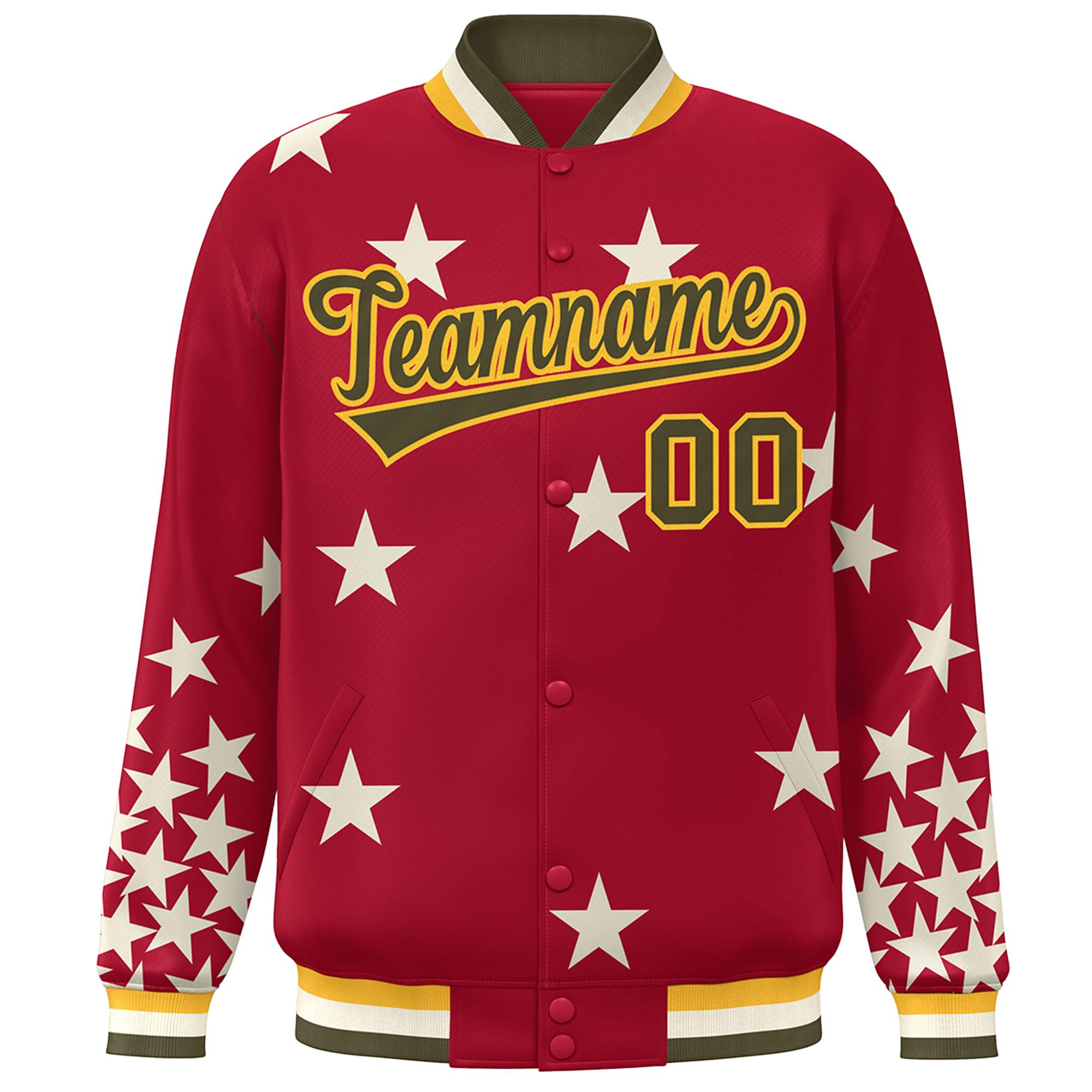 Custom Red Olive-Yellow Star Graffiti Pattern Varsity Full-Snap Bomber Jacket