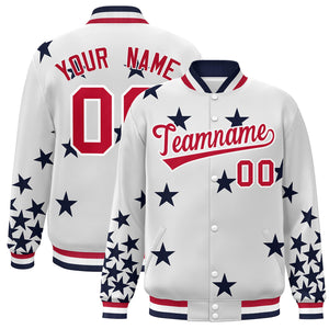 Custom White Red Star Graffiti Pattern Varsity Full-Snap Bomber Jacket