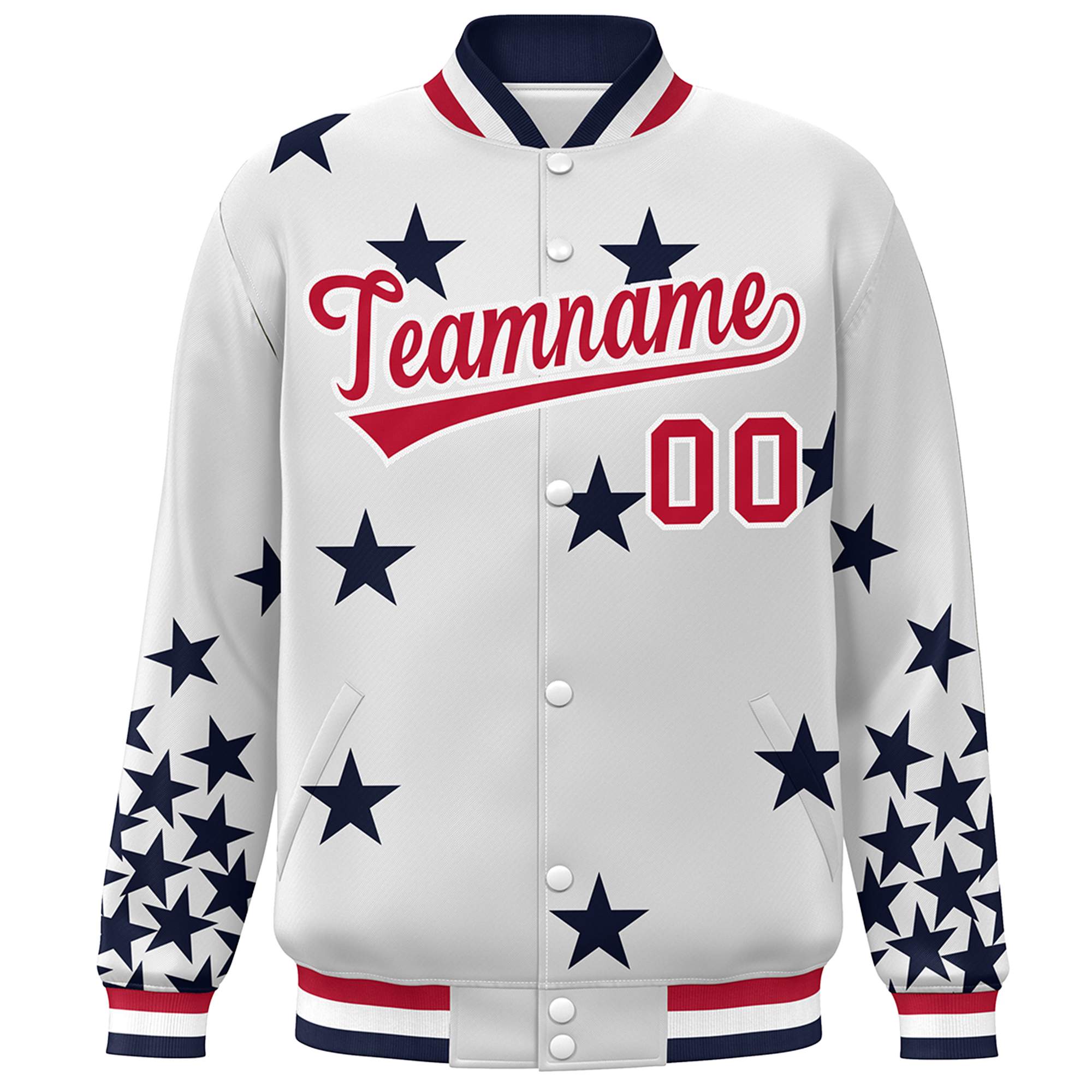 Custom White Red Star Graffiti Pattern Varsity Full-Snap Bomber Jacket