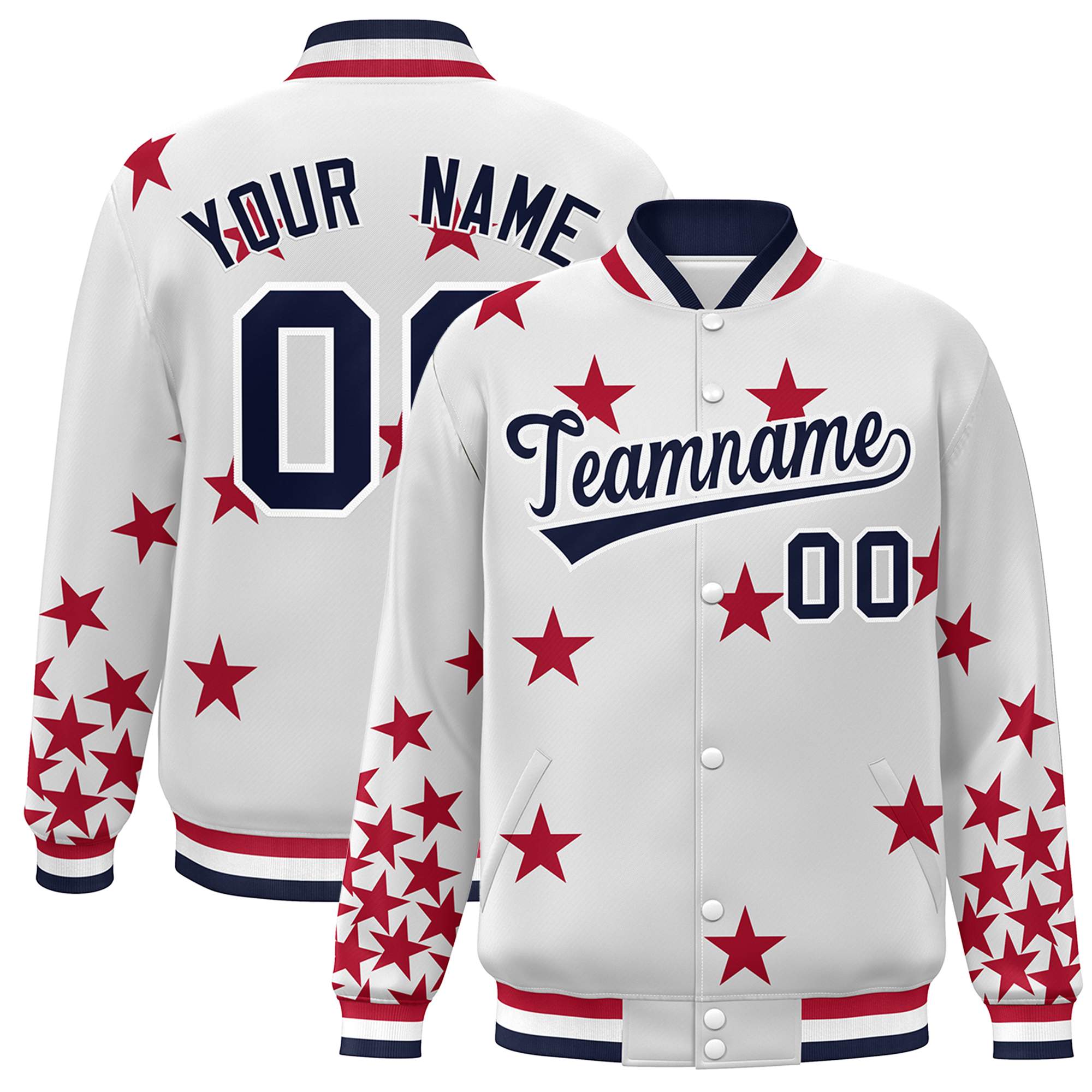 Custom White Navy Star Graffiti Pattern Varsity Full-Snap Bomber Jacket