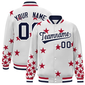 Custom White Navy Star Graffiti Pattern Varsity Full-Snap Bomber Jacket