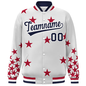 Custom White Navy Star Graffiti Pattern Varsity Full-Snap Bomber Jacket