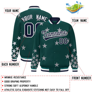 Custom Midnight Green Navy-White Star Graffiti Pattern Varsity Full-Snap Bomber Jacket