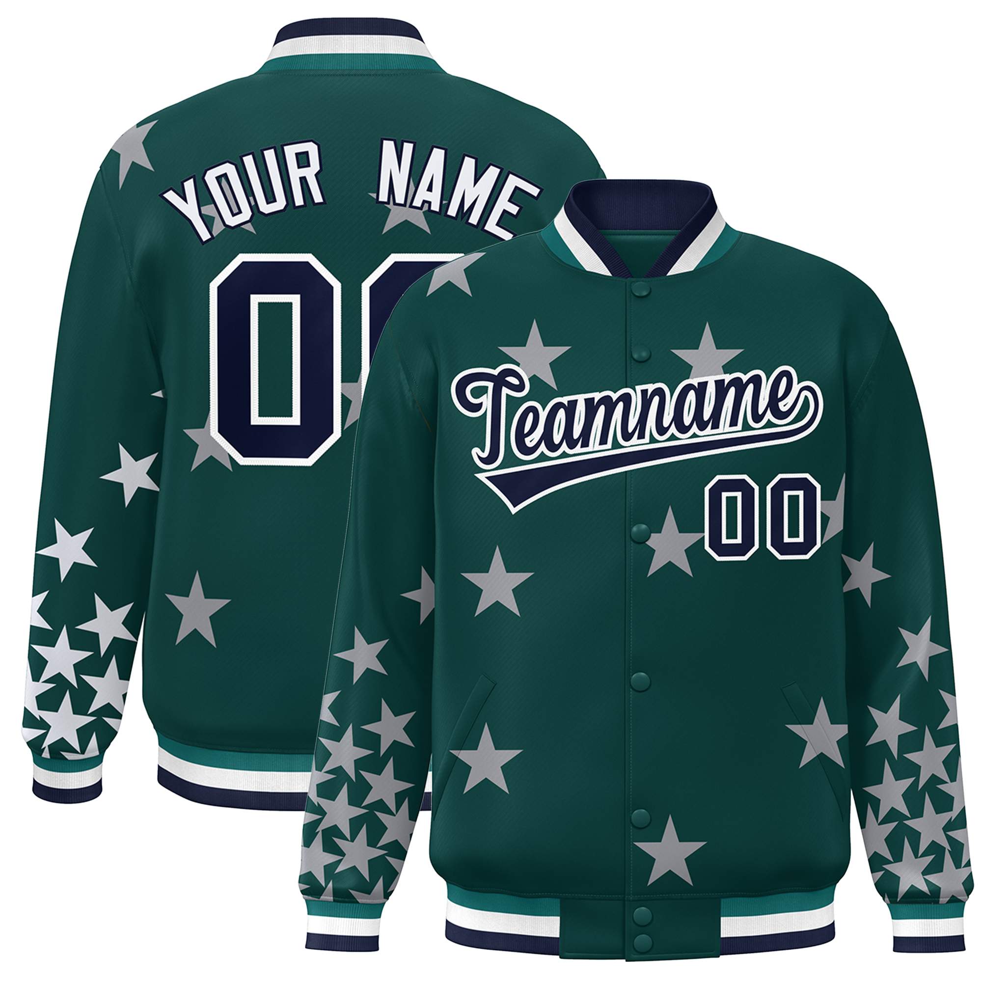 Custom Midnight Green Navy-White Star Graffiti Pattern Varsity Full-Snap Bomber Jacket