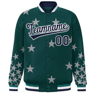 Custom Midnight Green Navy-White Star Graffiti Pattern Varsity Full-Snap Bomber Jacket