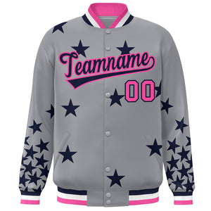 Custom Gray Navy-Pink Star Graffiti Pattern Varsity Full-Snap Bomber Jacket