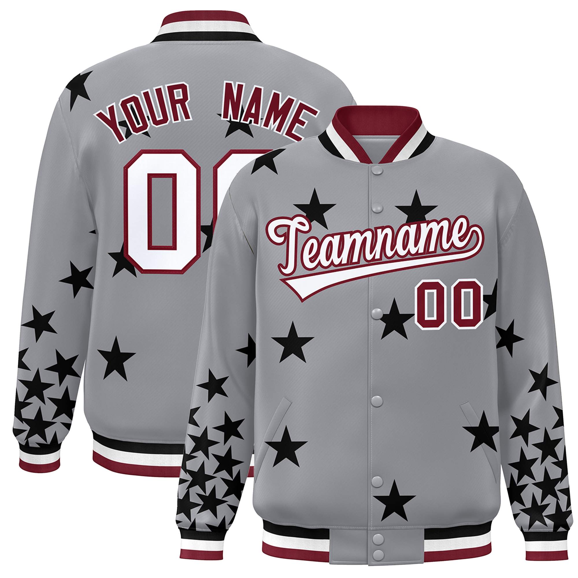 Custom Gray White-Crimson Star Graffiti Pattern Varsity Full-Snap Bomber Jacket