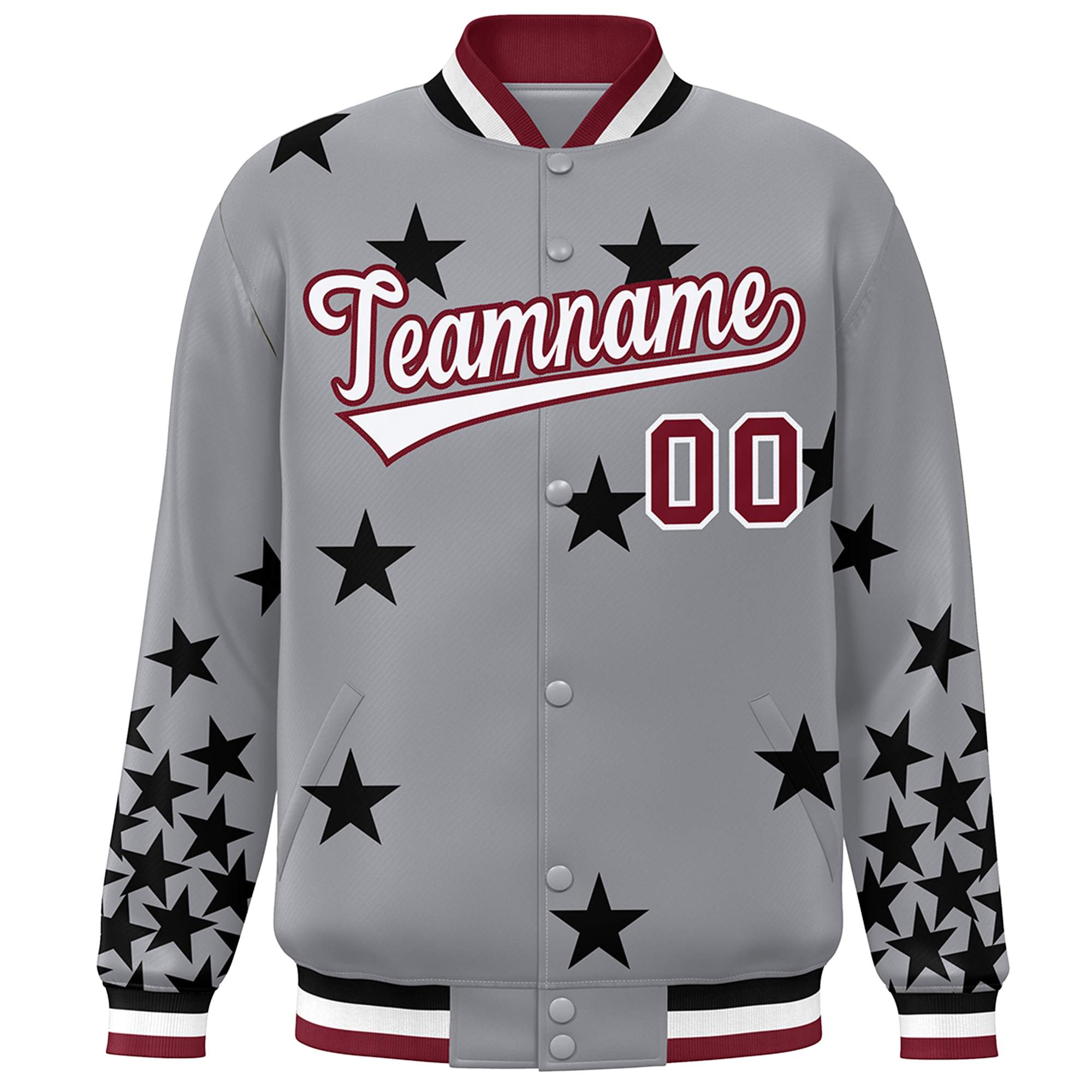 Custom Gray White-Crimson Star Graffiti Pattern Varsity Full-Snap Bomber Jacket