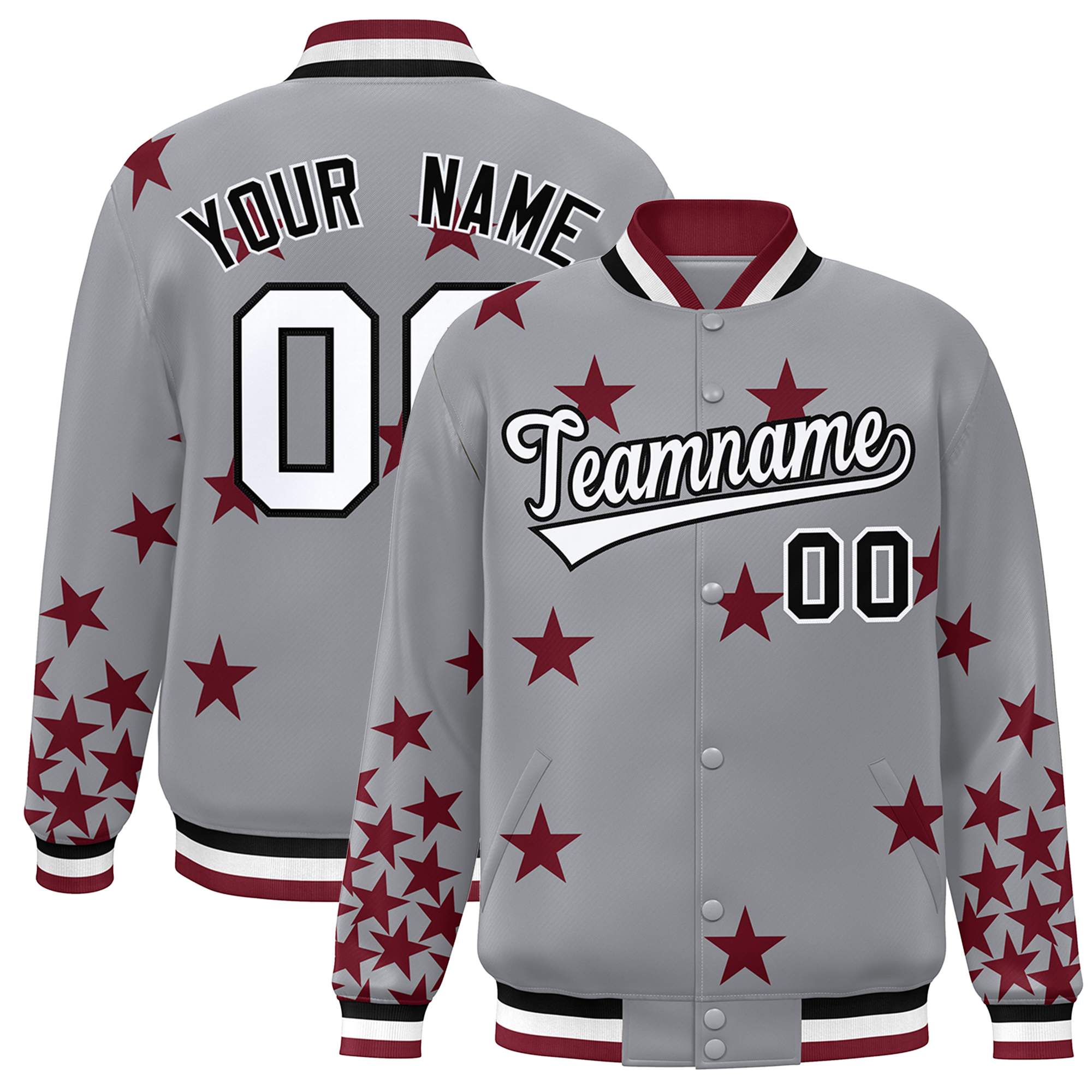 Custom Gray White-Black Star Graffiti Pattern Varsity Full-Snap Bomber Jacket