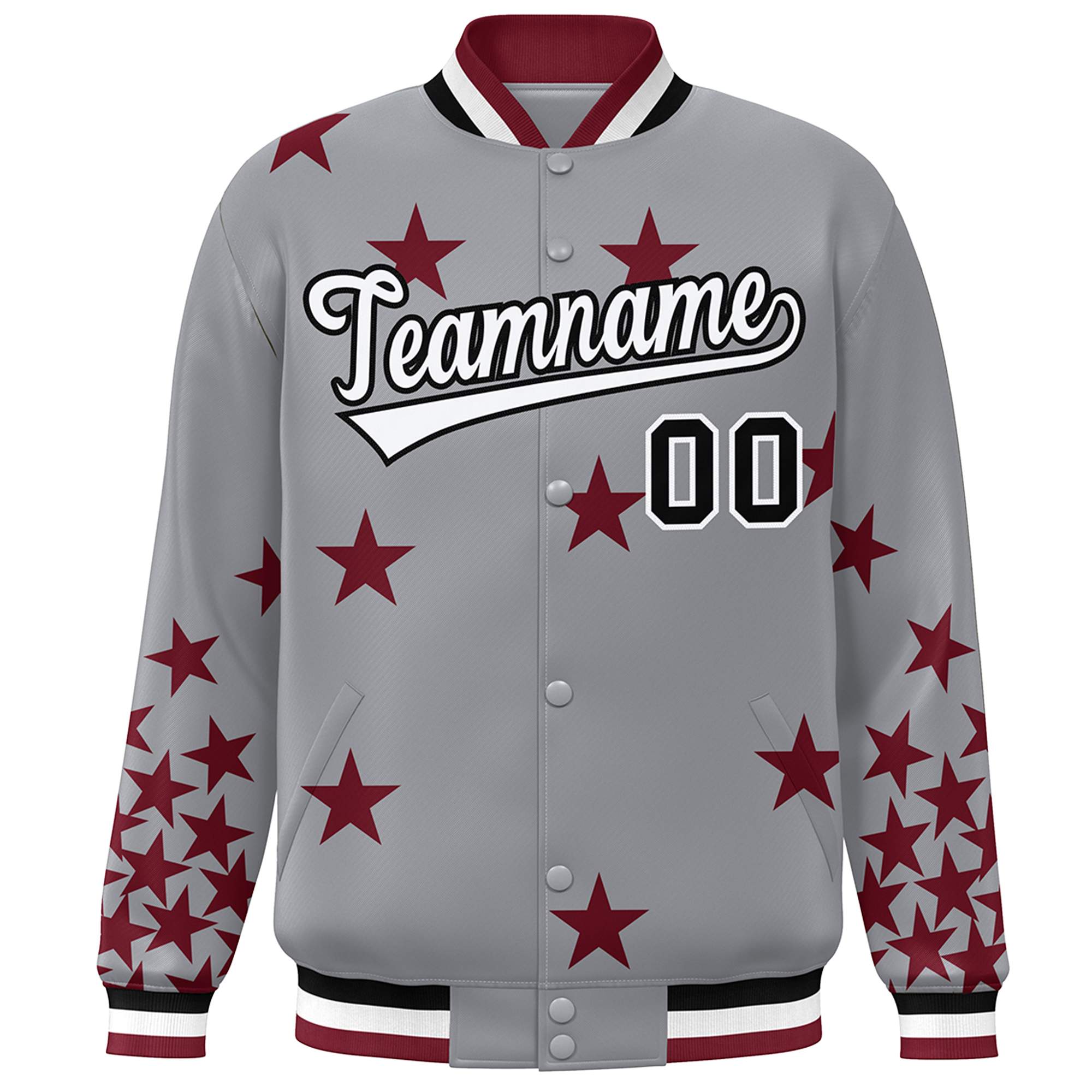 Custom Gray White-Black Star Graffiti Pattern Varsity Full-Snap Bomber Jacket