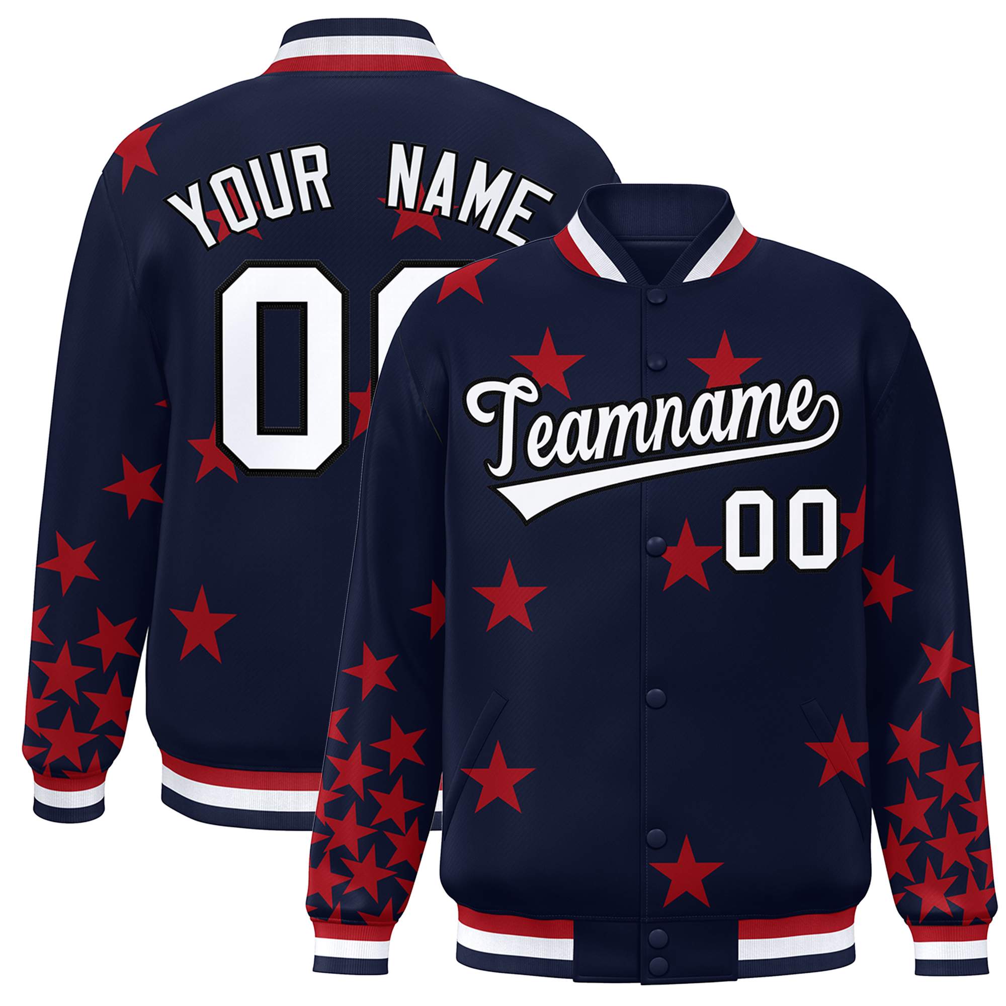 Custom Navy White Star Graffiti Pattern Varsity Full-Snap Bomber Jacket