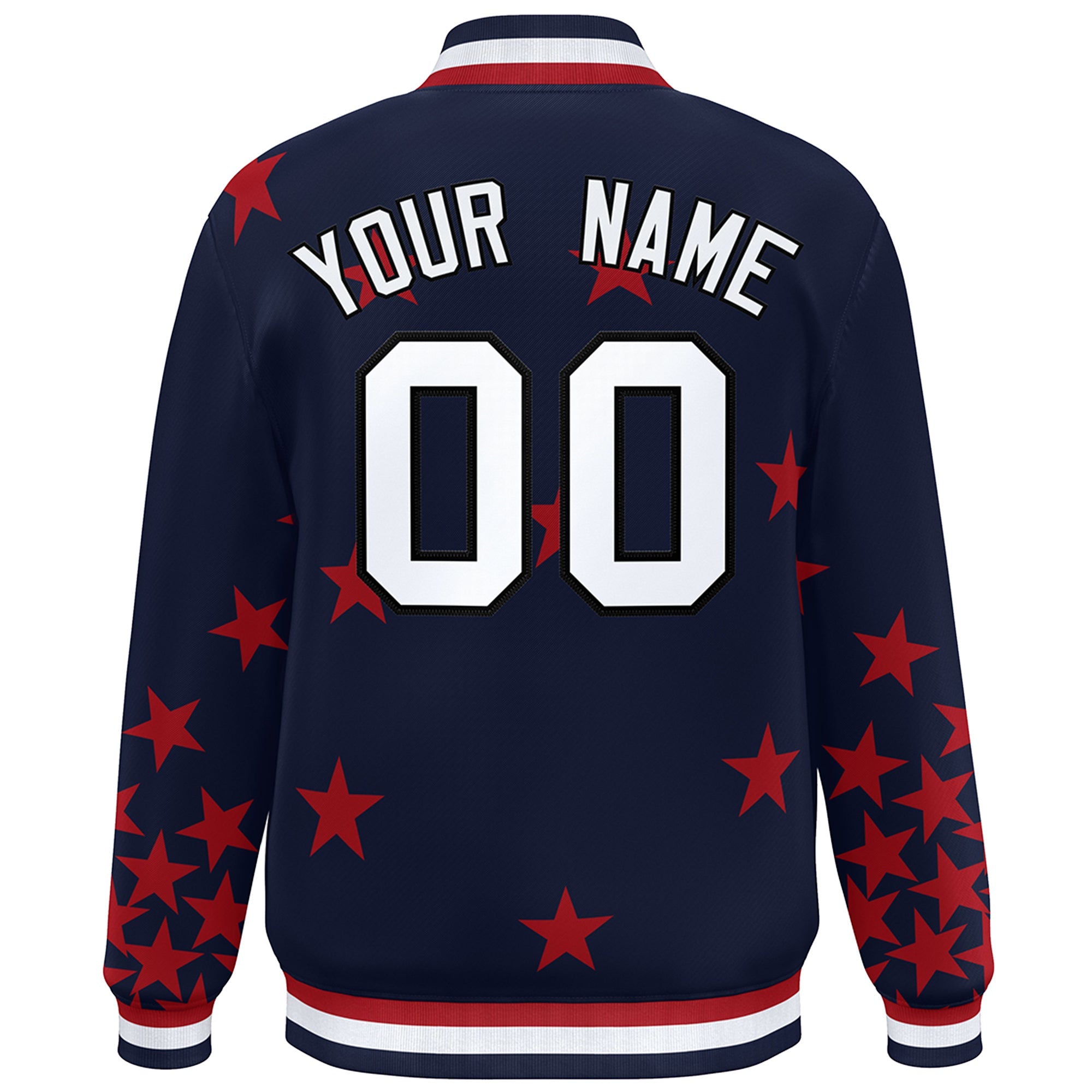 Custom Navy White Star Graffiti Pattern Varsity Full-Snap Bomber Jacket