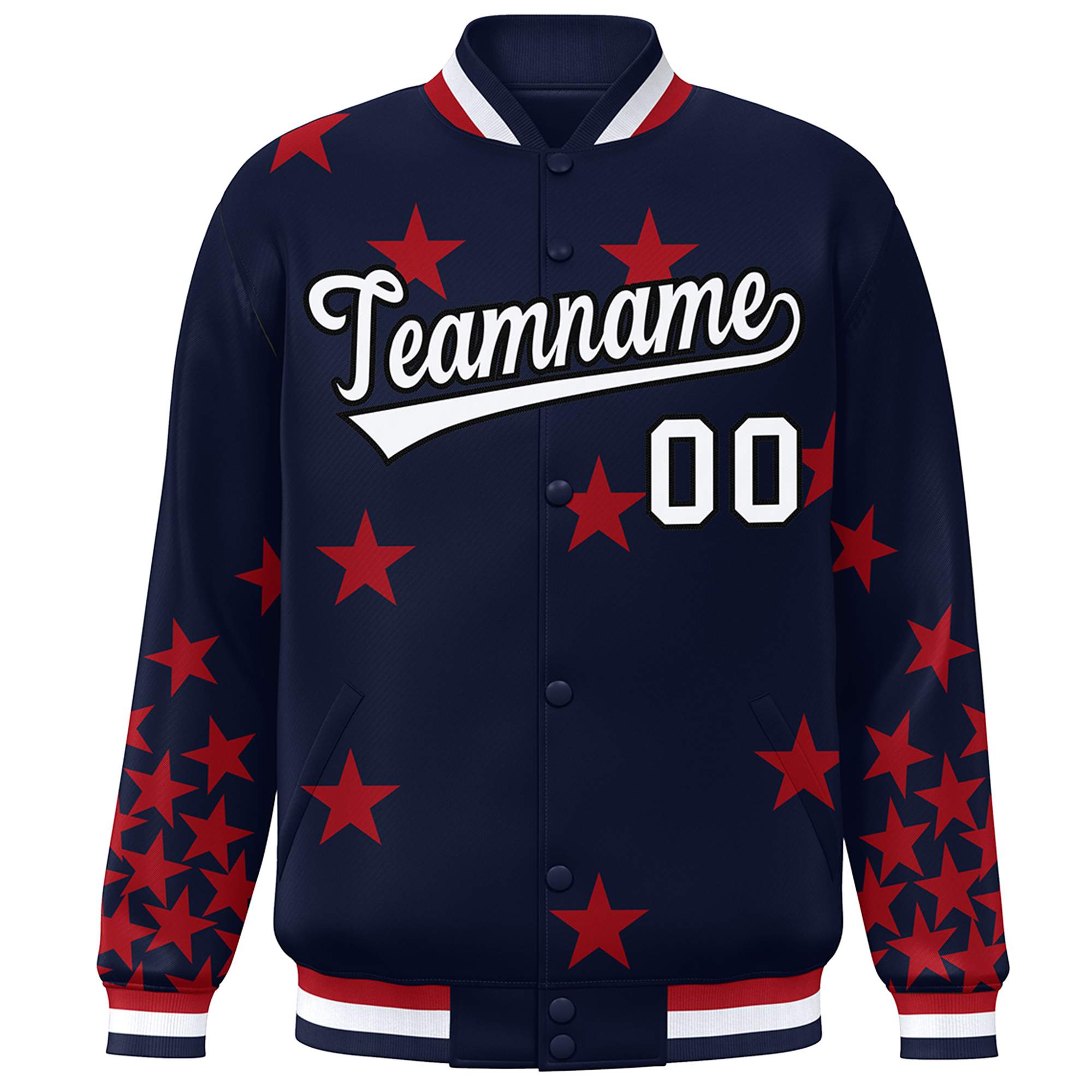 Custom Navy White Star Graffiti Pattern Varsity Full-Snap Bomber Jacket