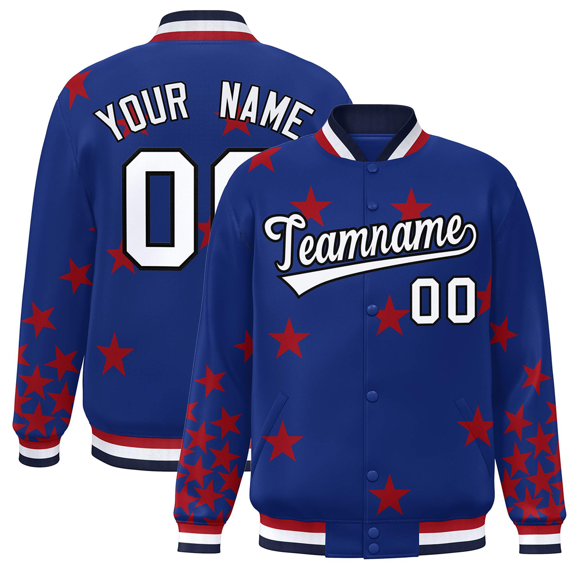 Custom Royal White Star Graffiti Pattern Varsity Full-Snap Bomber Jacket