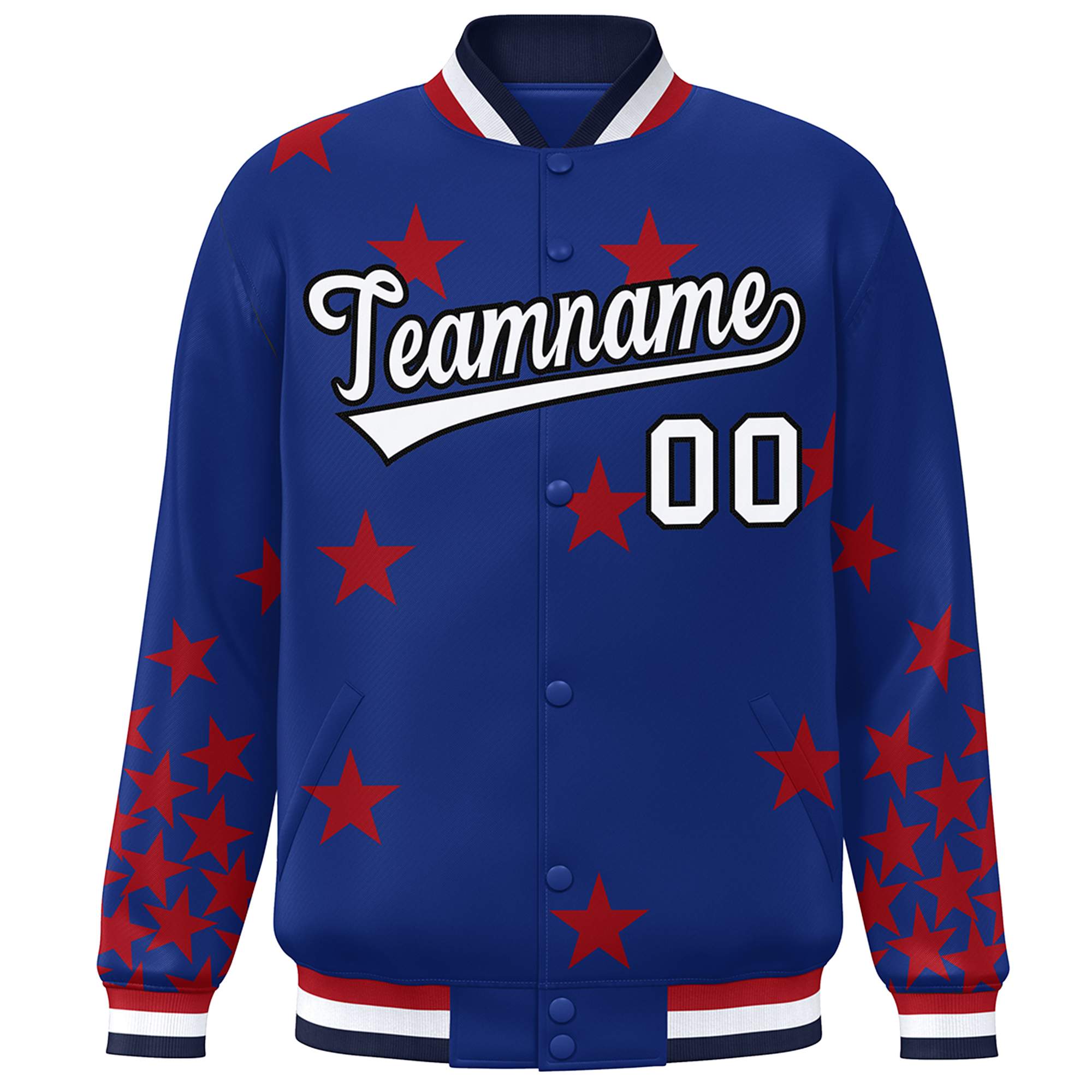 Custom Royal White Star Graffiti Pattern Varsity Full-Snap Bomber Jacket