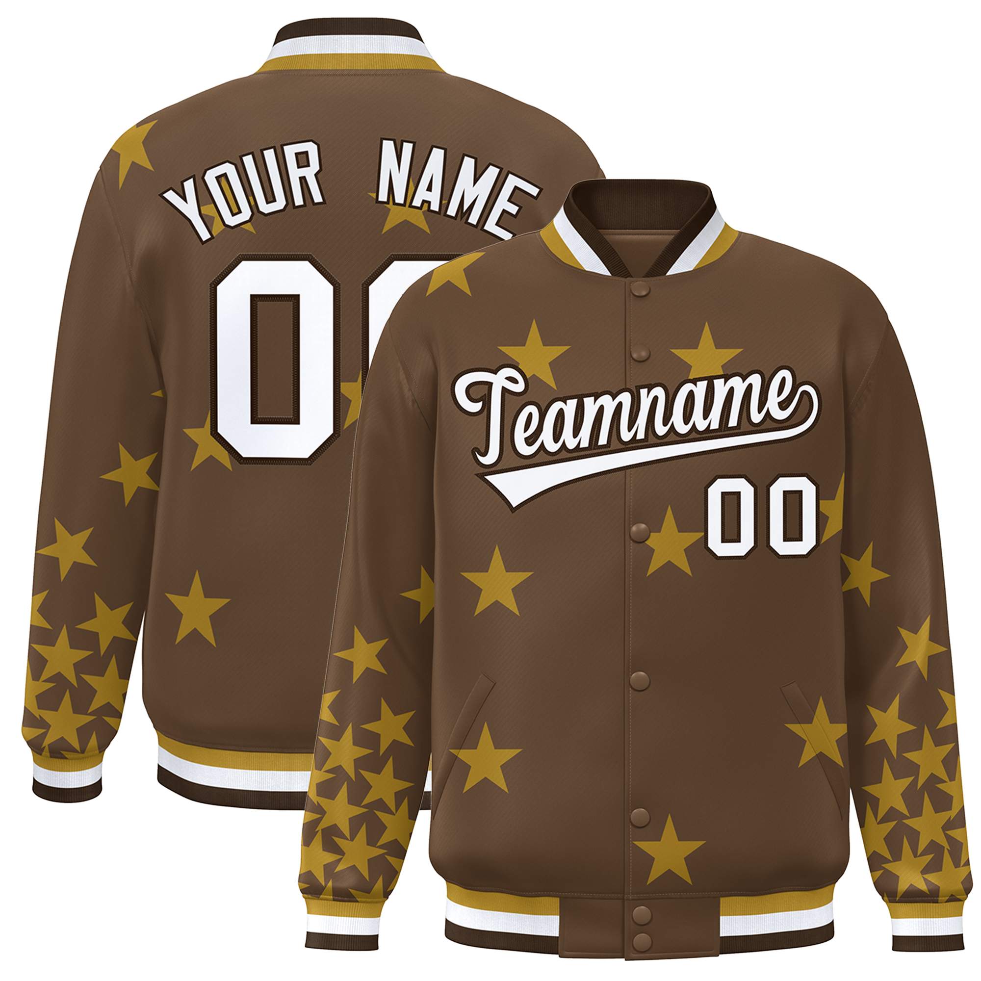 Custom Brown White Star Graffiti Pattern Varsity Full-Snap Bomber Jacket