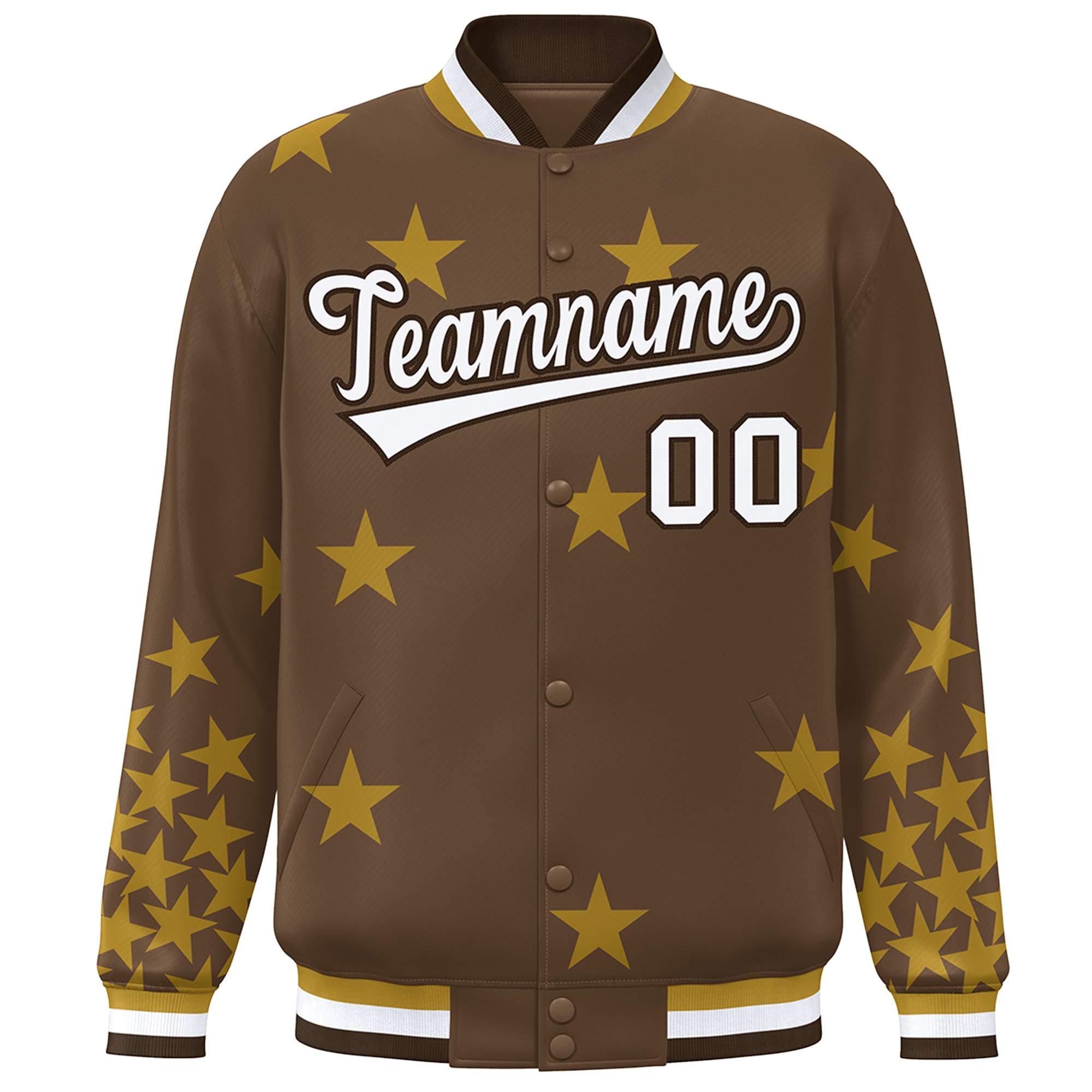 Custom Brown White Star Graffiti Pattern Varsity Full-Snap Bomber Jacket