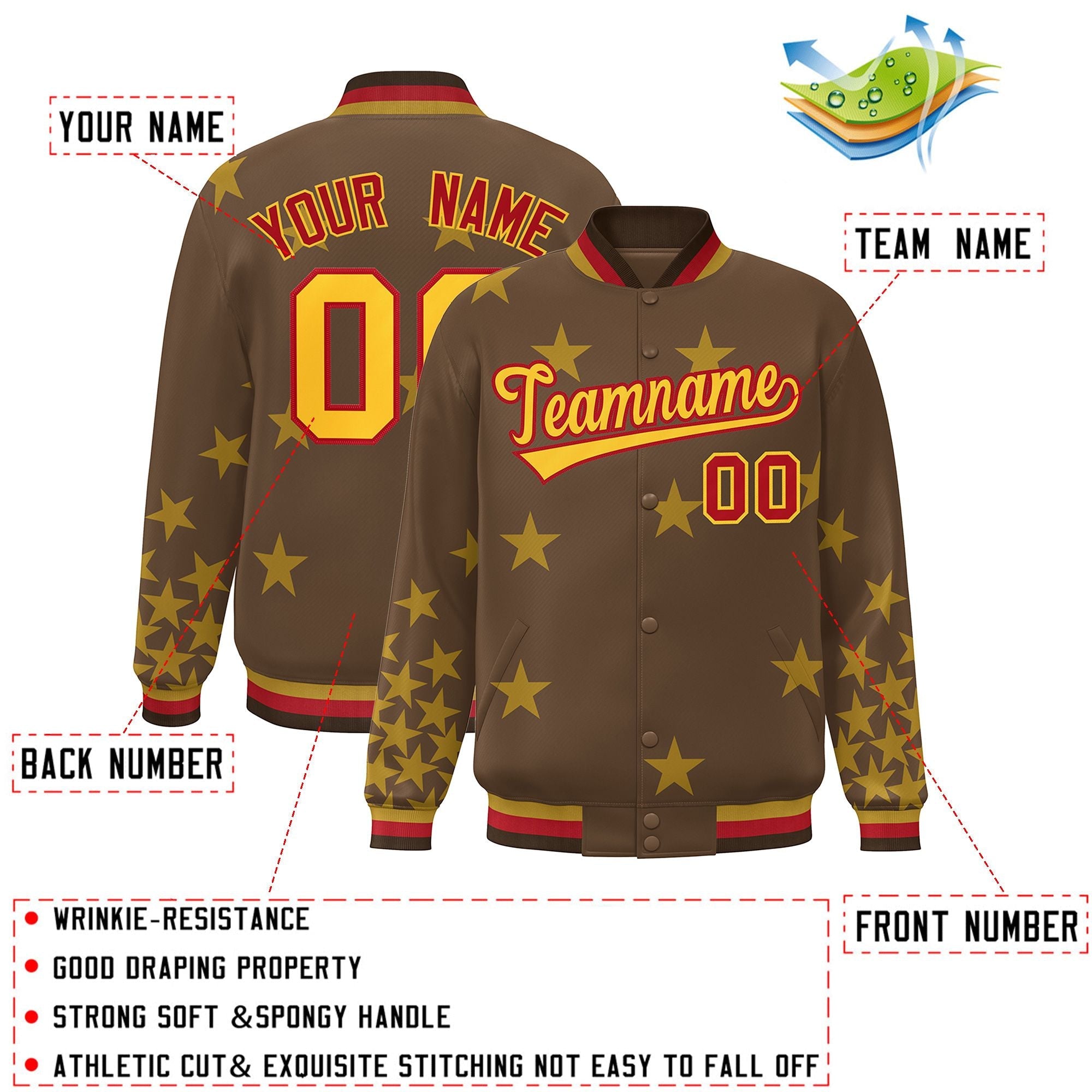 Custom Brown Yellow-Red Star Graffiti Pattern Varsity Full-Snap Bomber Jacket