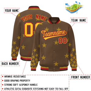 Custom Brown Yellow-Red Star Graffiti Pattern Varsity Full-Snap Bomber Jacket