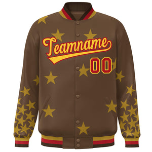 Custom Brown Yellow-Red Star Graffiti Pattern Varsity Full-Snap Bomber Jacket