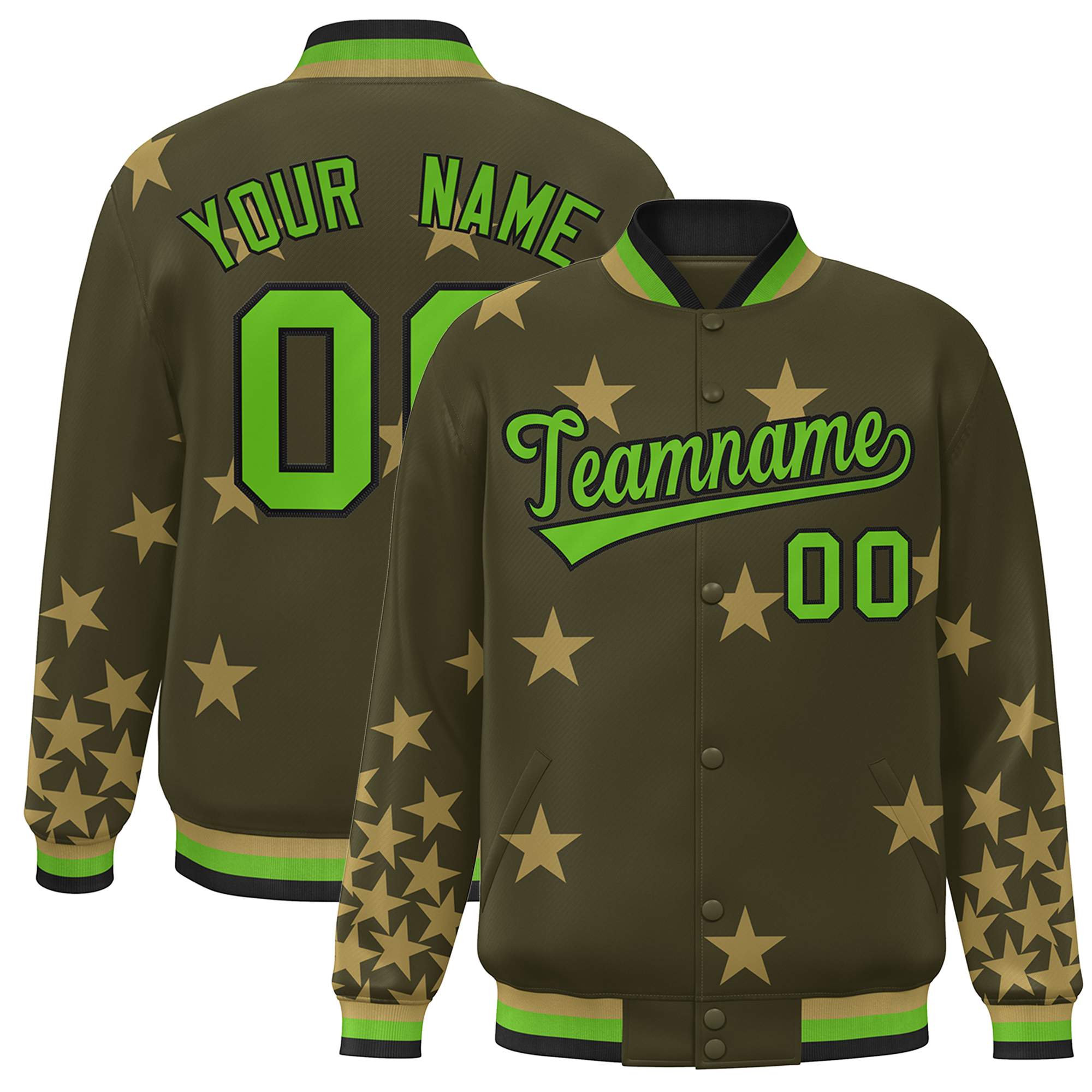 Custom Olive Green-Black Star Graffiti Pattern Varsity Full-Snap Bomber Jacket