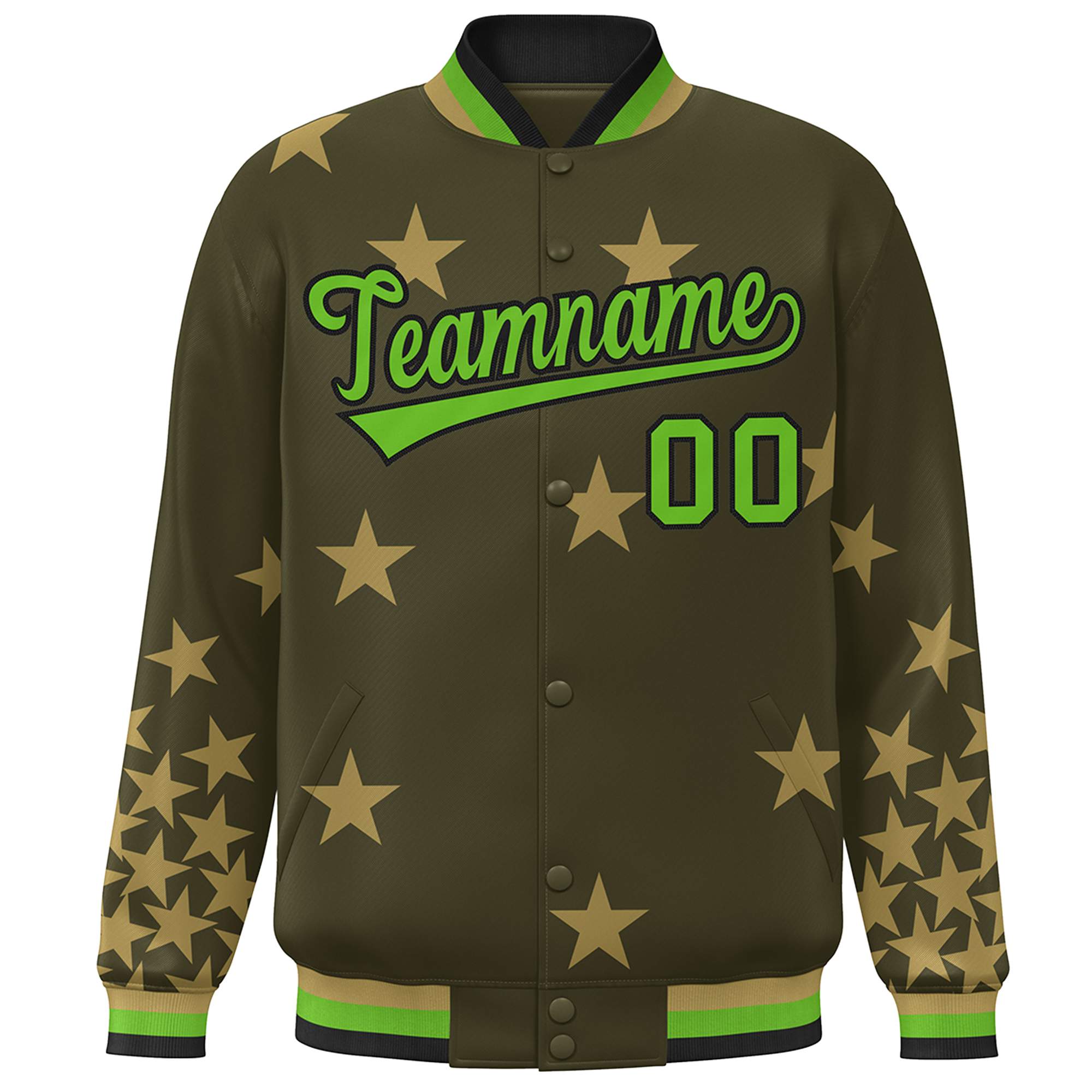 Custom Olive Green-Black Star Graffiti Pattern Varsity Full-Snap Bomber Jacket