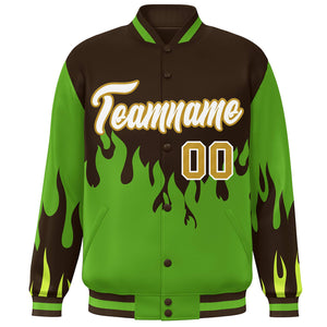 Custom Brown Green-White Flame Graffiti Pattern Bomber Varsity Full-Snap Jacket