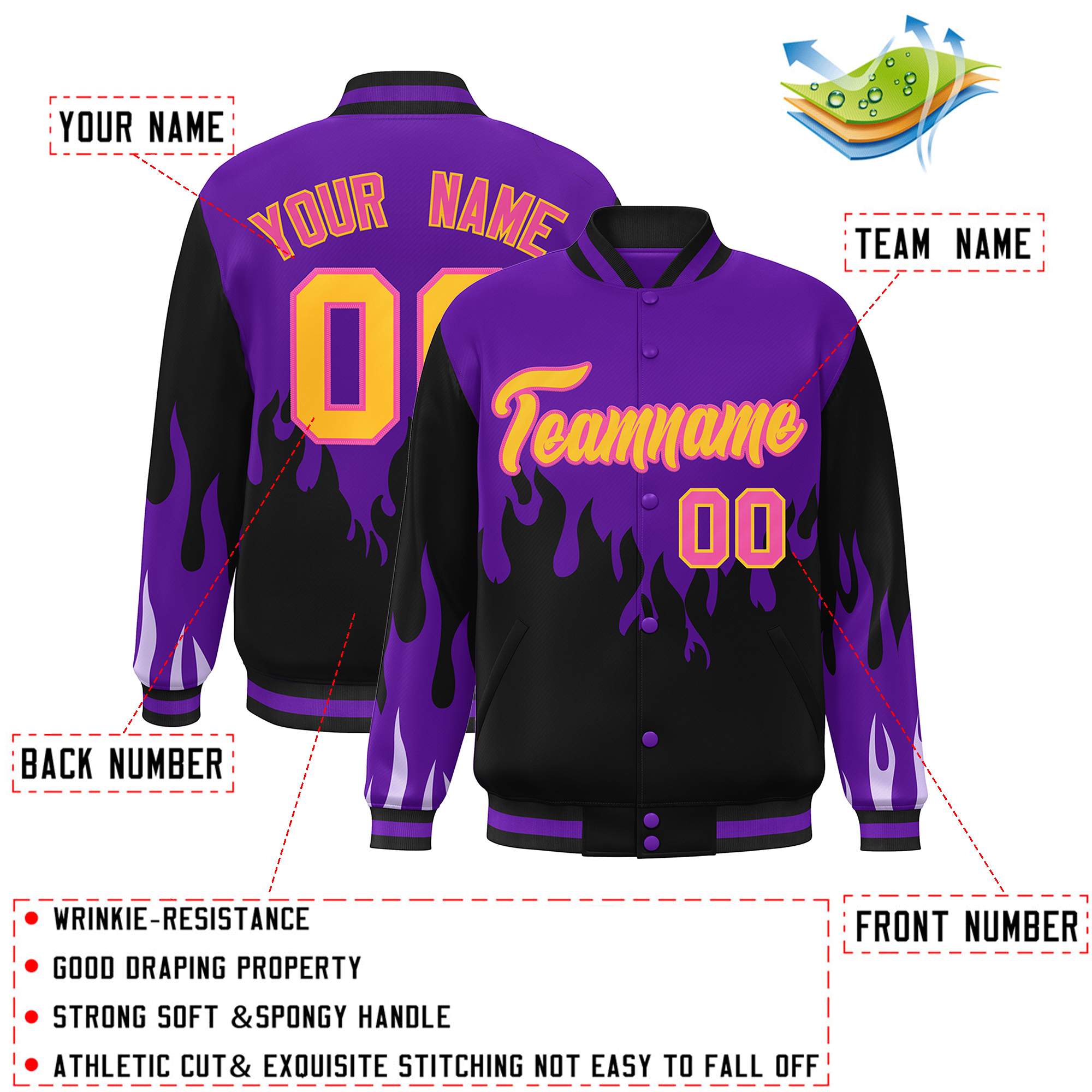 Custom Purple Black-Yellow Flame Graffiti Pattern Bomber Varsity Full-Snap Jacket