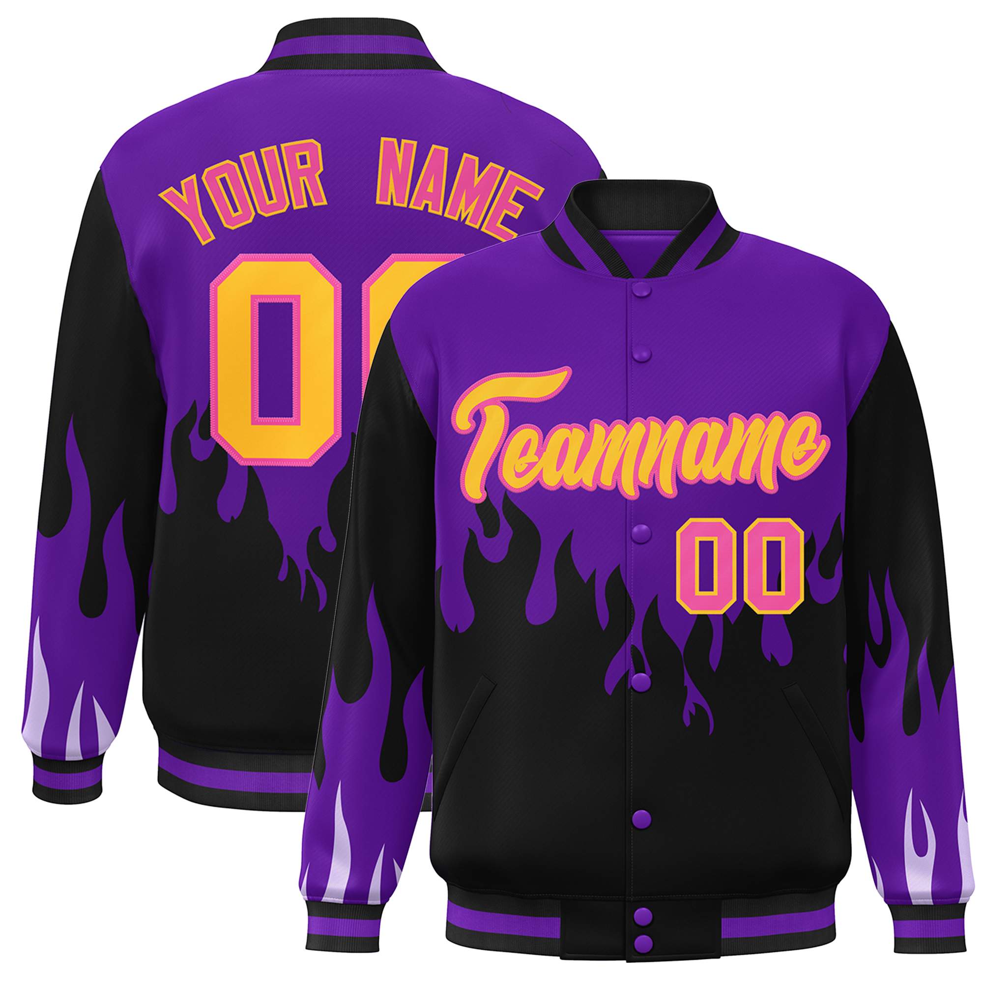 Custom Purple Black-Yellow Flame Graffiti Pattern Bomber Varsity Full-Snap Jacket