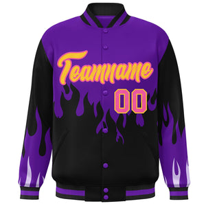 Custom Purple Black-Yellow Flame Graffiti Pattern Bomber Varsity Full-Snap Jacket