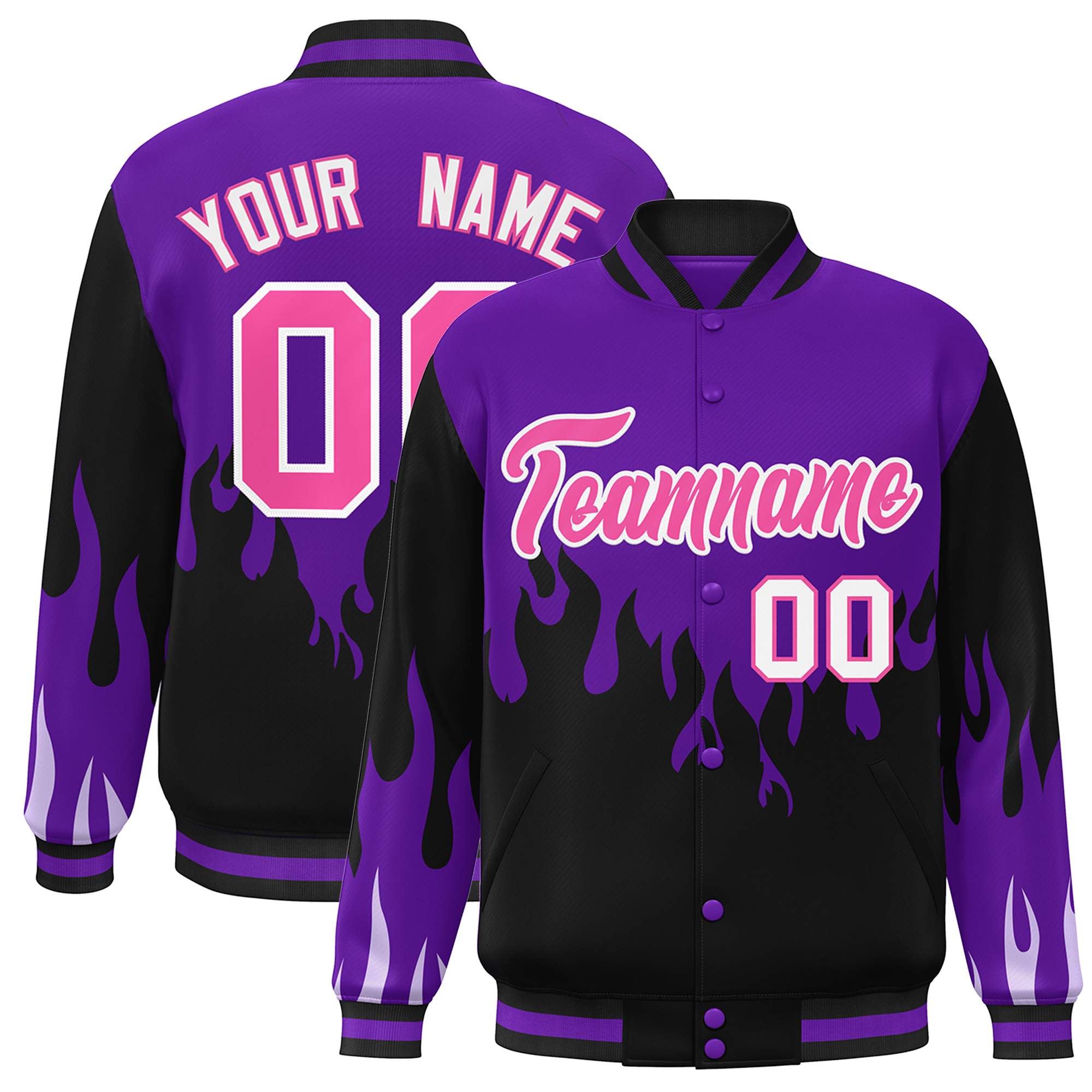 Custom Purple Black-Pink Flame Graffiti Pattern Bomber Varsity Full-Snap Jacket