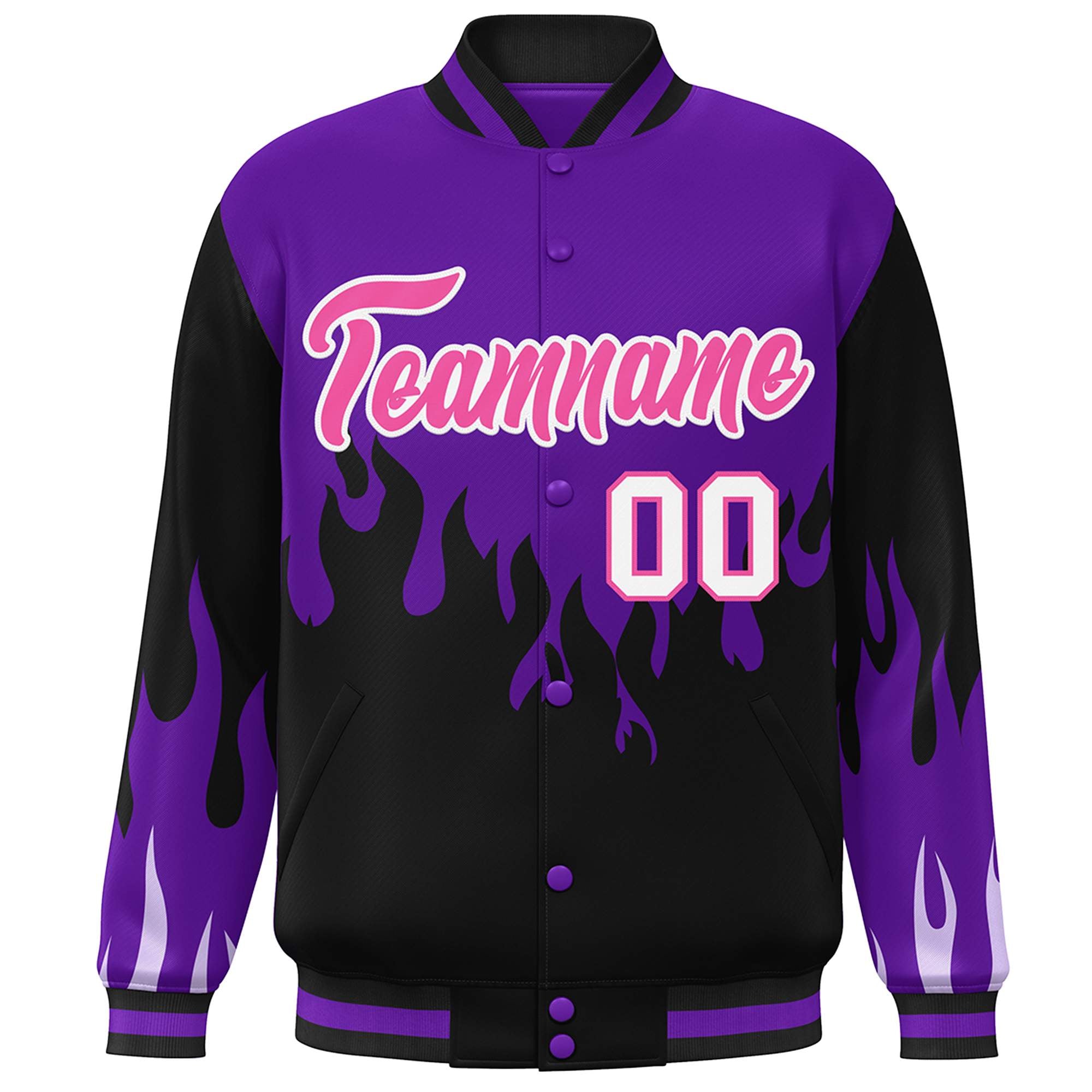 Custom Purple Black-Pink Flame Graffiti Pattern Bomber Varsity Full-Snap Jacket