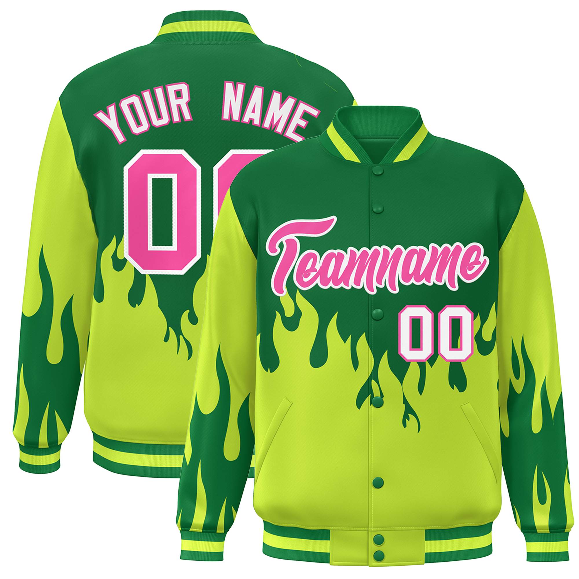 Custom Green Pink Flame Graffiti Pattern Bomber Varsity Full-Snap Jacket