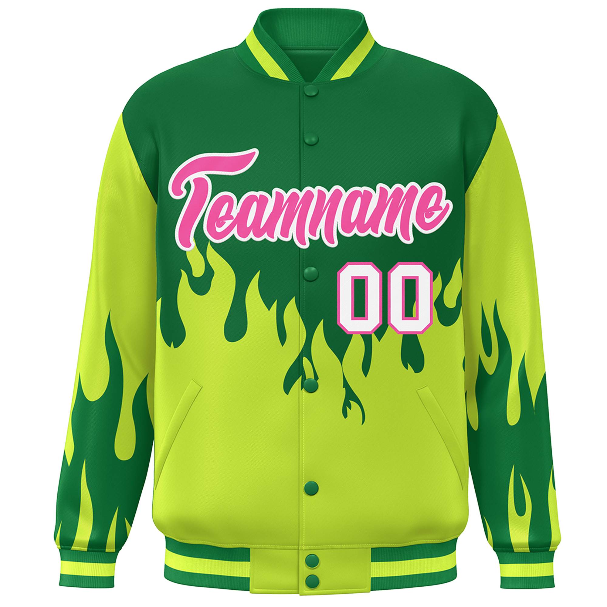 Custom Green Pink Flame Graffiti Pattern Bomber Varsity Full-Snap Jacket