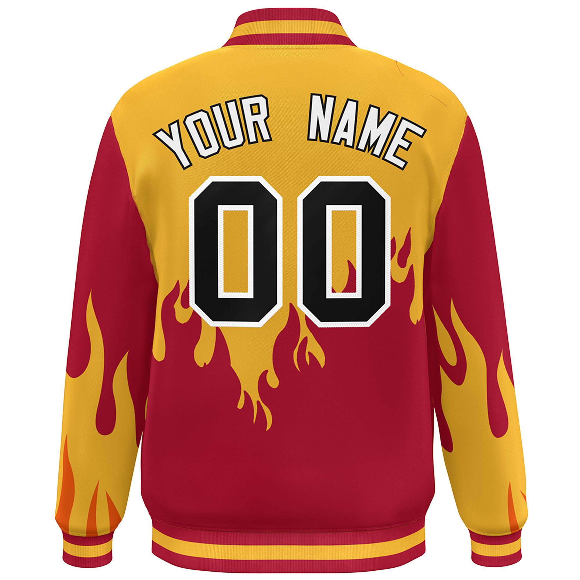 Custom Gold Red-Black Flame Graffiti Pattern Bomber Varsity Full-Snap Jacket