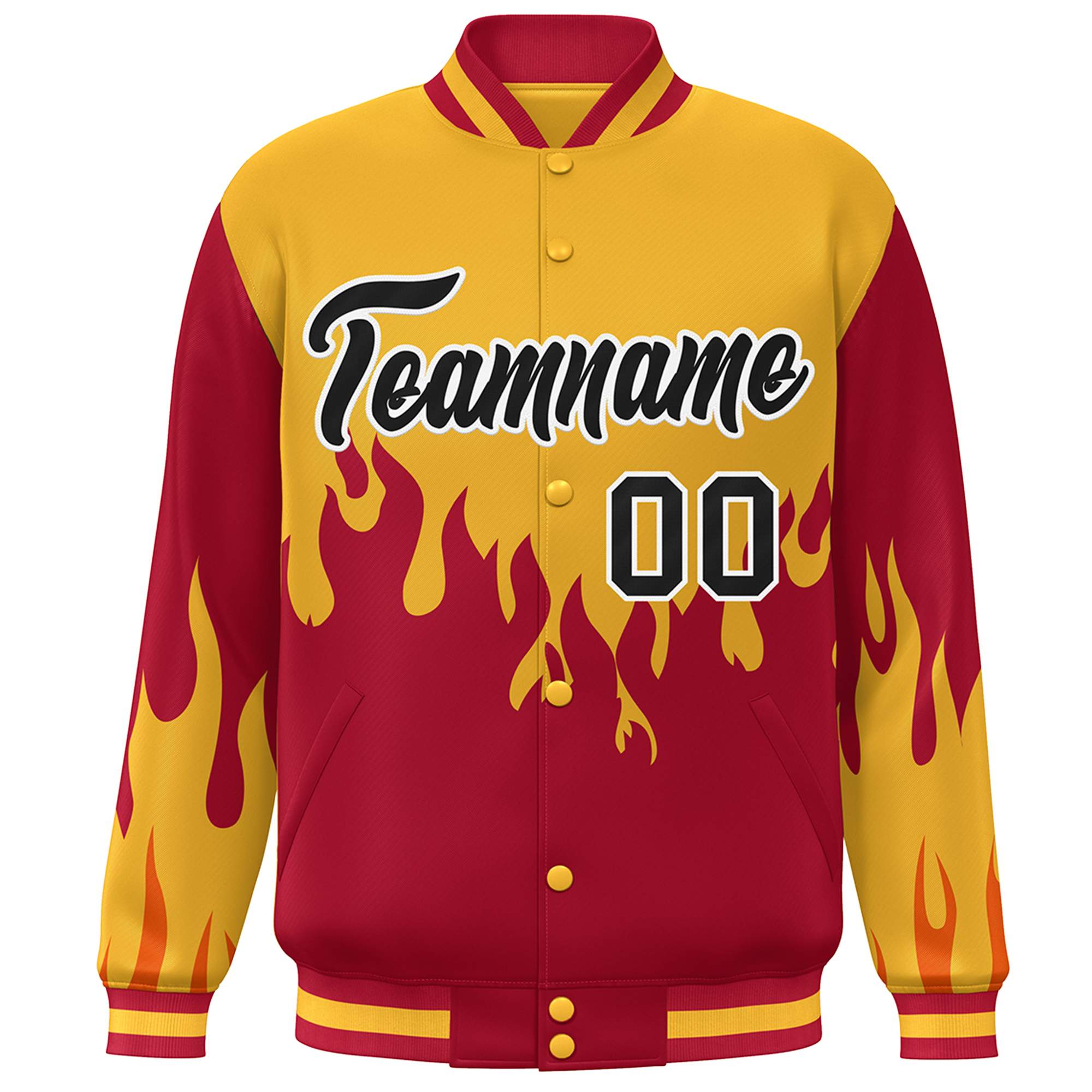 Custom Gold Red-Black Flame Graffiti Pattern Bomber Varsity Full-Snap Jacket