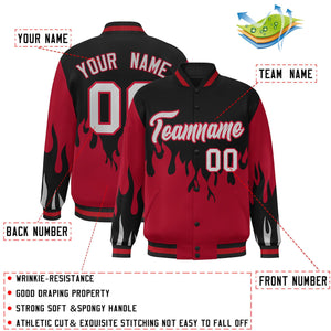 Custom Black Red-Gray Flame Graffiti Pattern Bomber Varsity Full-Snap Jacket