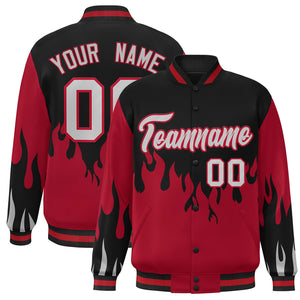 Custom Black Red-Gray Flame Graffiti Pattern Bomber Varsity Full-Snap Jacket