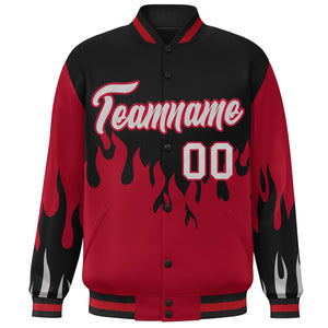 Custom Black Red-Gray Flame Graffiti Pattern Bomber Varsity Full-Snap Jacket