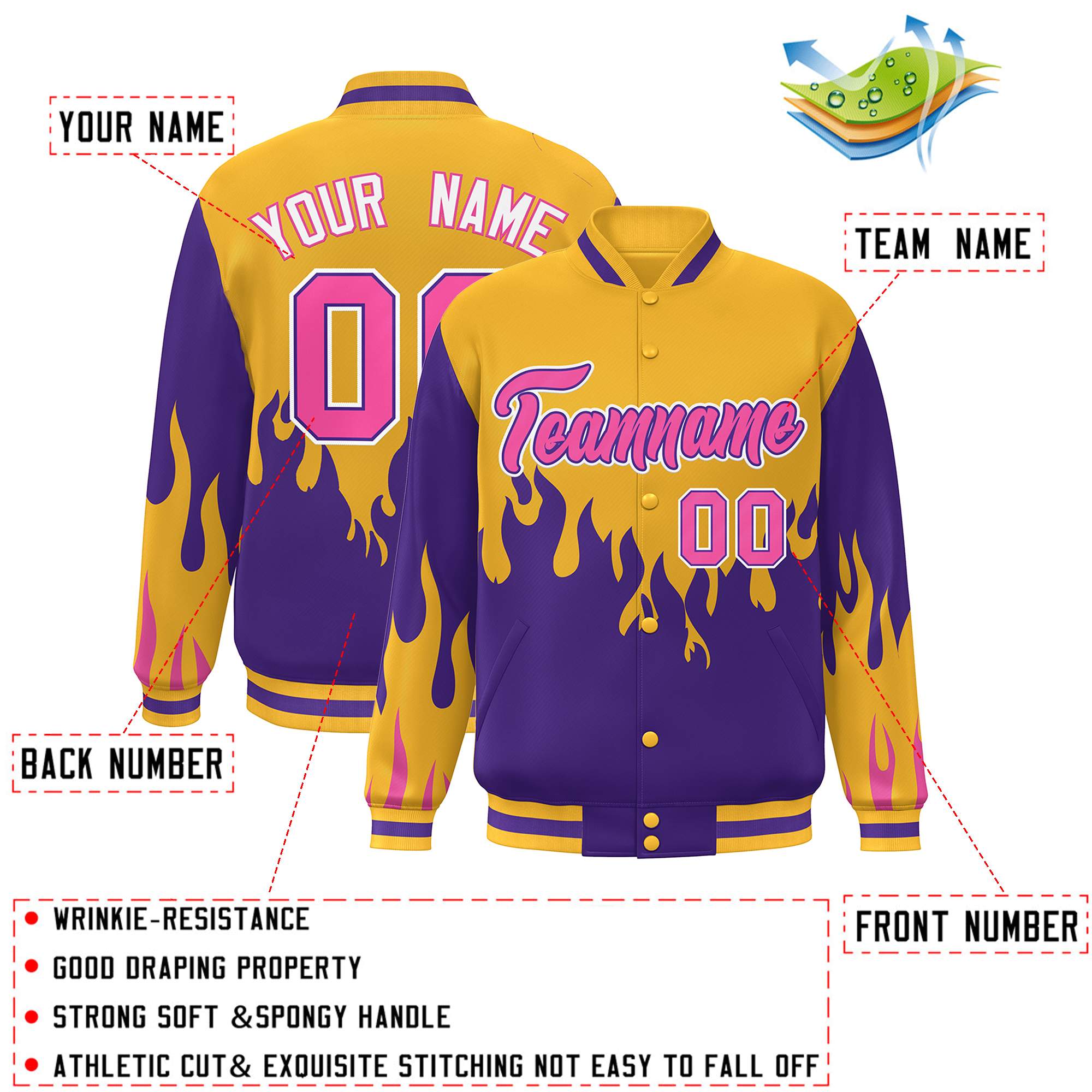 Custom Gold Purple-Pink Flame Graffiti Pattern Bomber Varsity Full-Snap Jacket