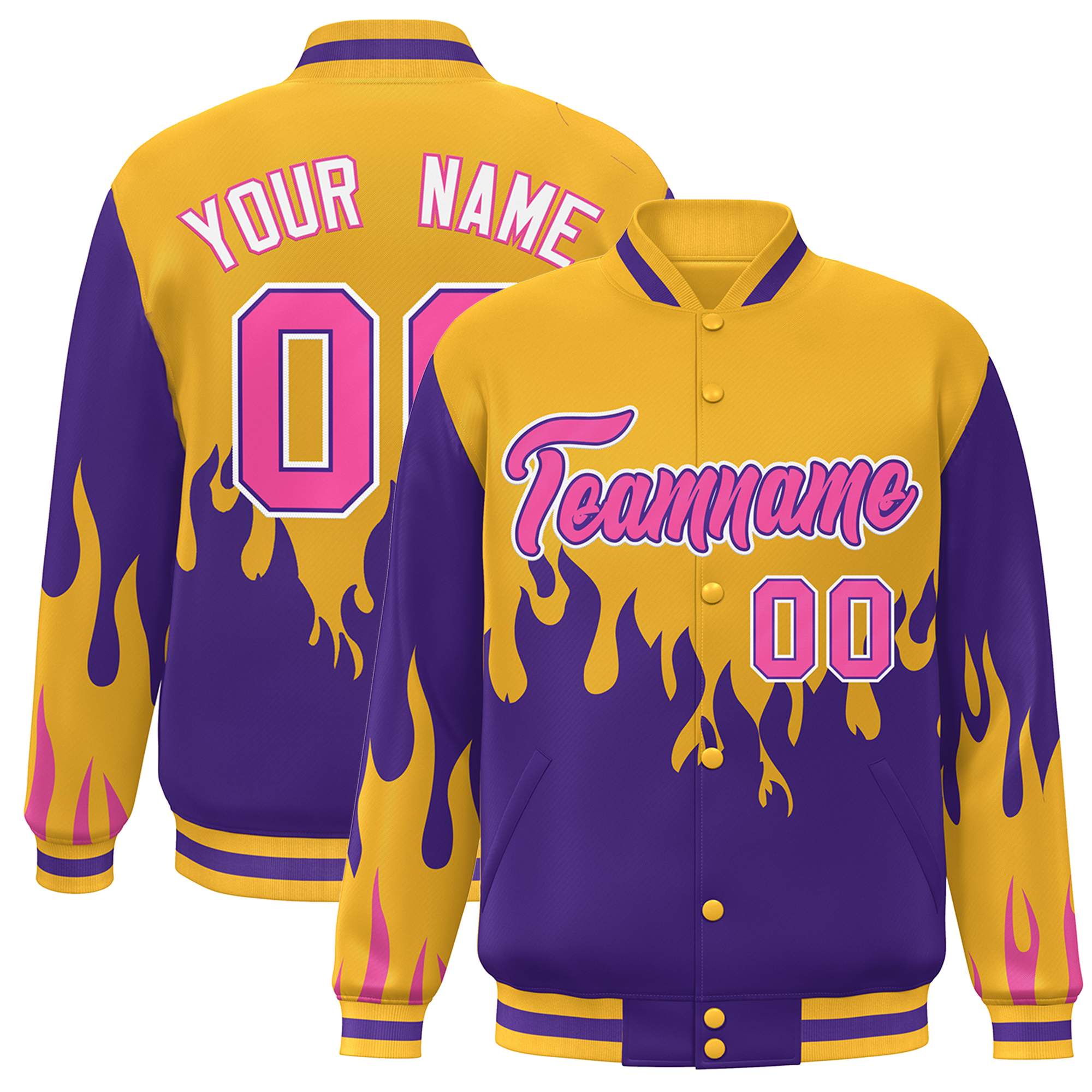 Custom Gold Purple-Pink Flame Graffiti Pattern Bomber Varsity Full-Snap Jacket