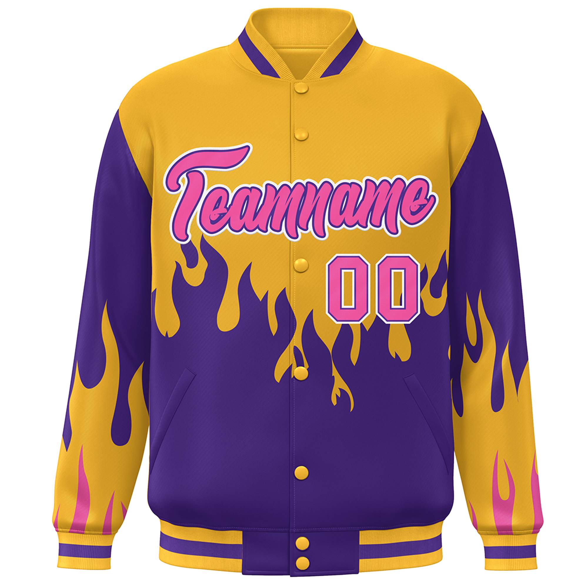 Custom Gold Purple-Pink Flame Graffiti Pattern Bomber Varsity Full-Snap Jacket