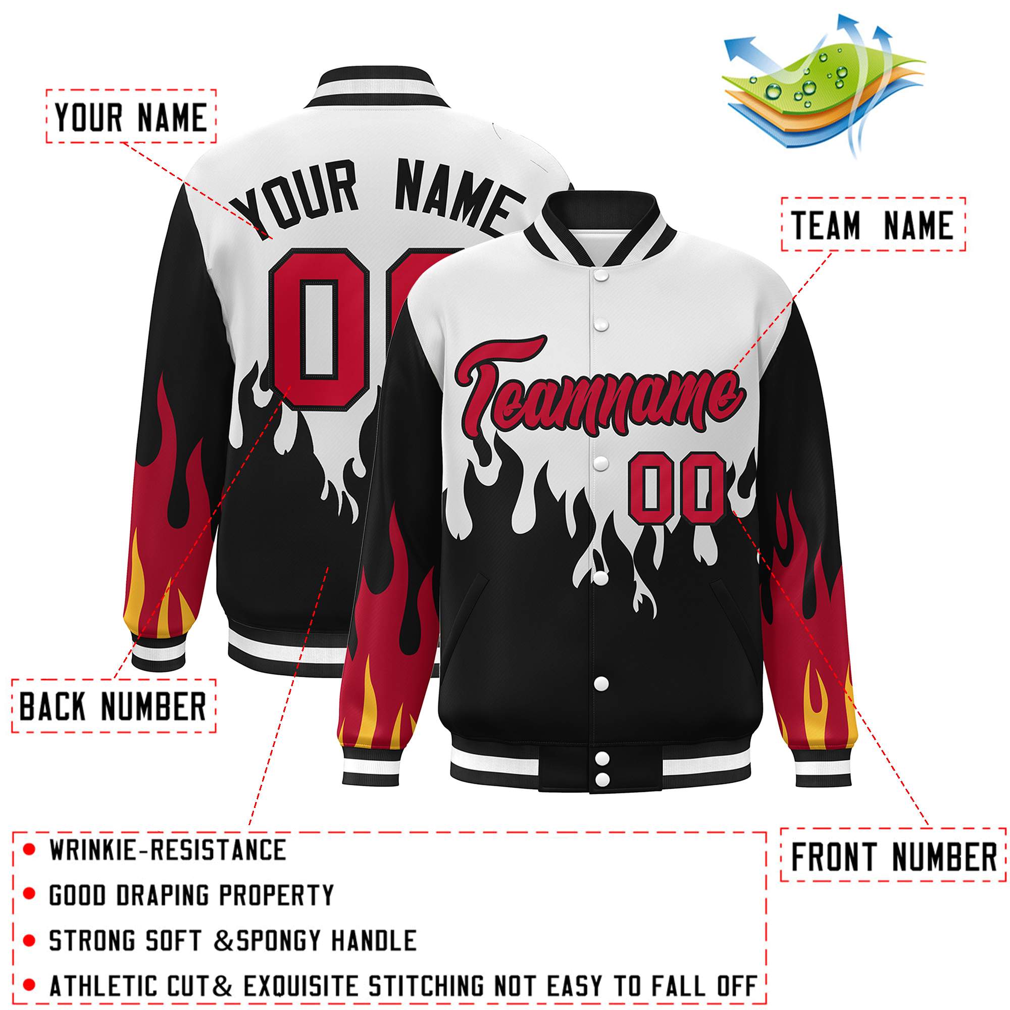 Custom White Black-Red Flame Graffiti Pattern Bomber Varsity Full-Snap Jacket