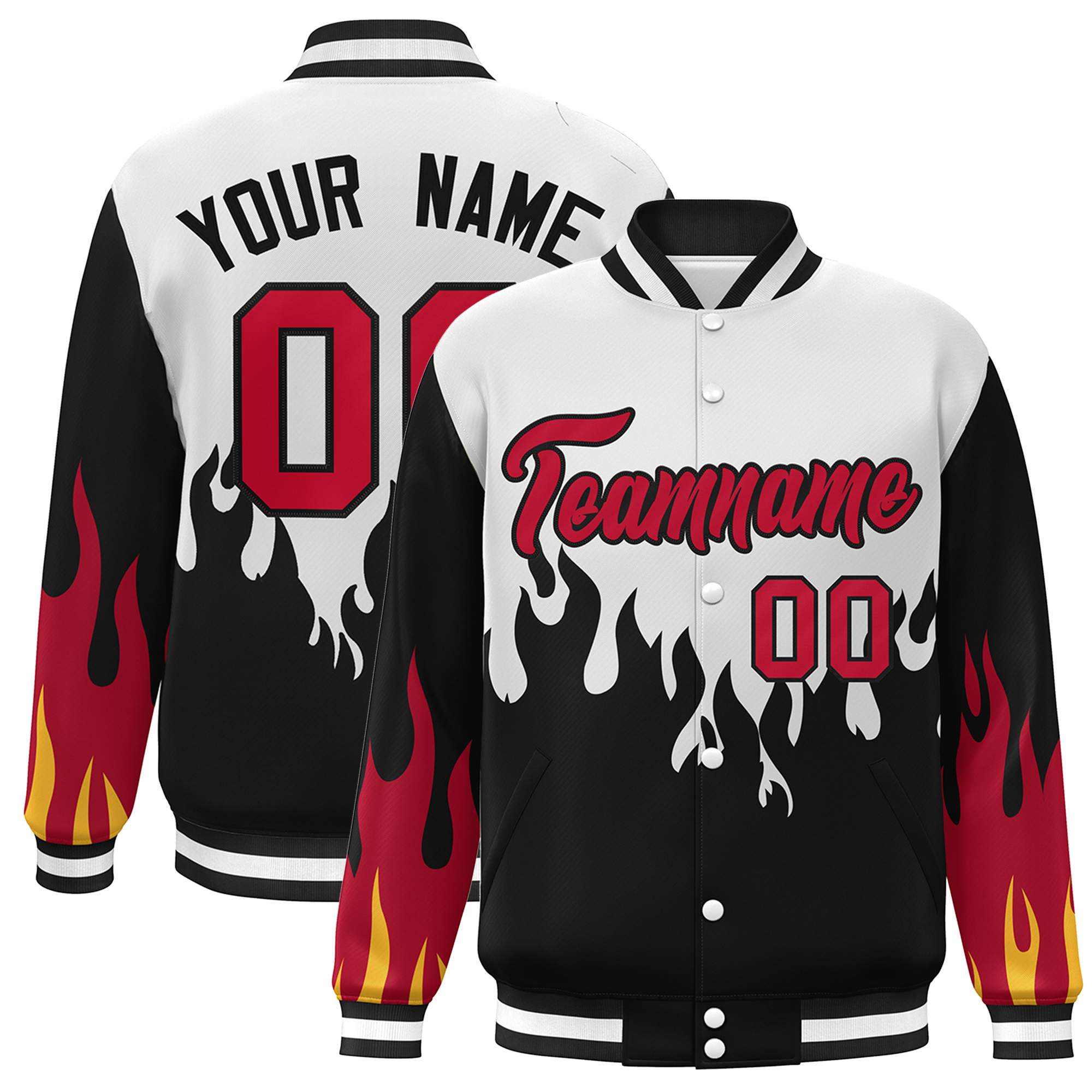 Custom White Black-Red Flame Graffiti Pattern Bomber Varsity Full-Snap Jacket