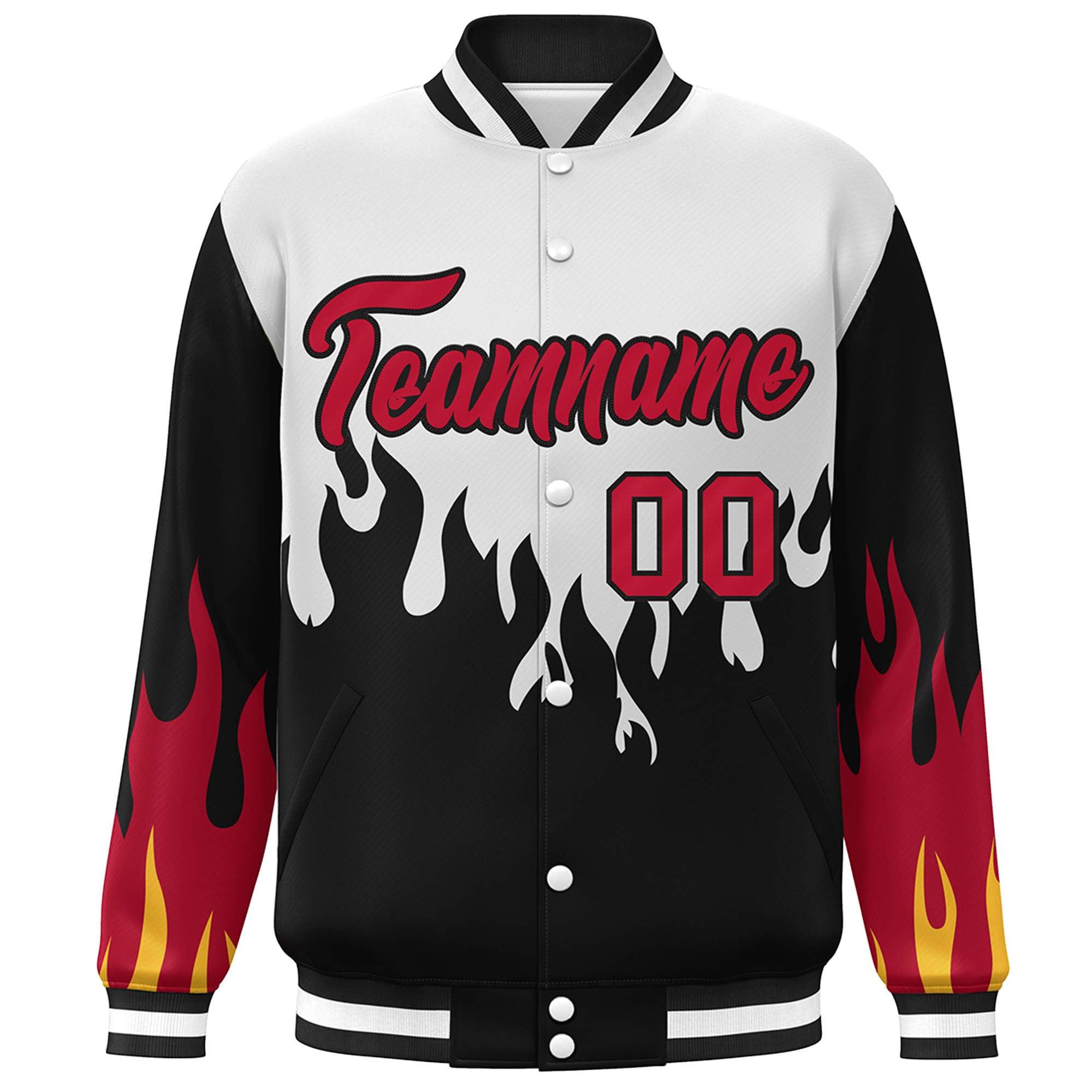 Custom White Black-Red Flame Graffiti Pattern Bomber Varsity Full-Snap Jacket