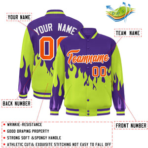 Custom Purple Neon Green-Orange Flame Graffiti Pattern Bomber Varsity Full-Snap Jacket