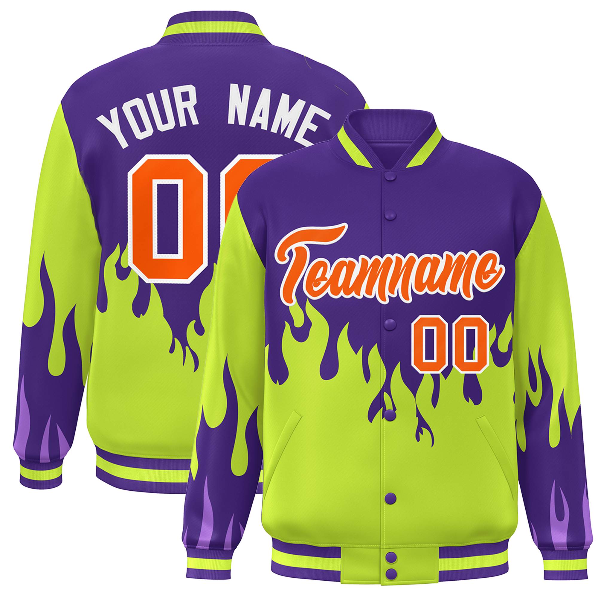 Custom Purple Neon Green-Orange Flame Graffiti Pattern Bomber Varsity Full-Snap Jacket