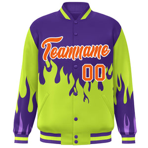 Custom Purple Neon Green-Orange Flame Graffiti Pattern Bomber Varsity Full-Snap Jacket