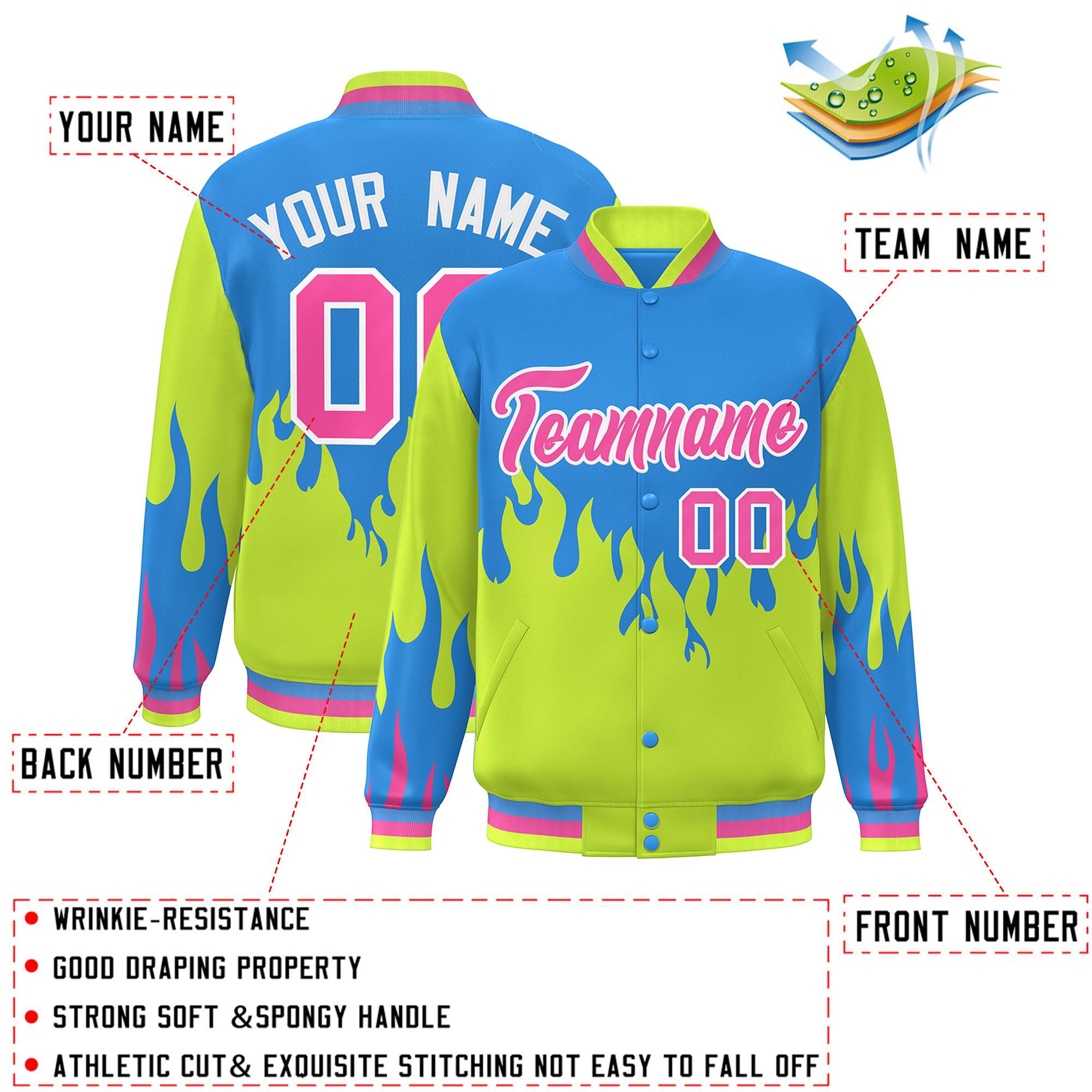 Custom Powder Blue Neon Green-Pink Flame Graffiti Pattern Bomber Varsity Full-Snap Jacket